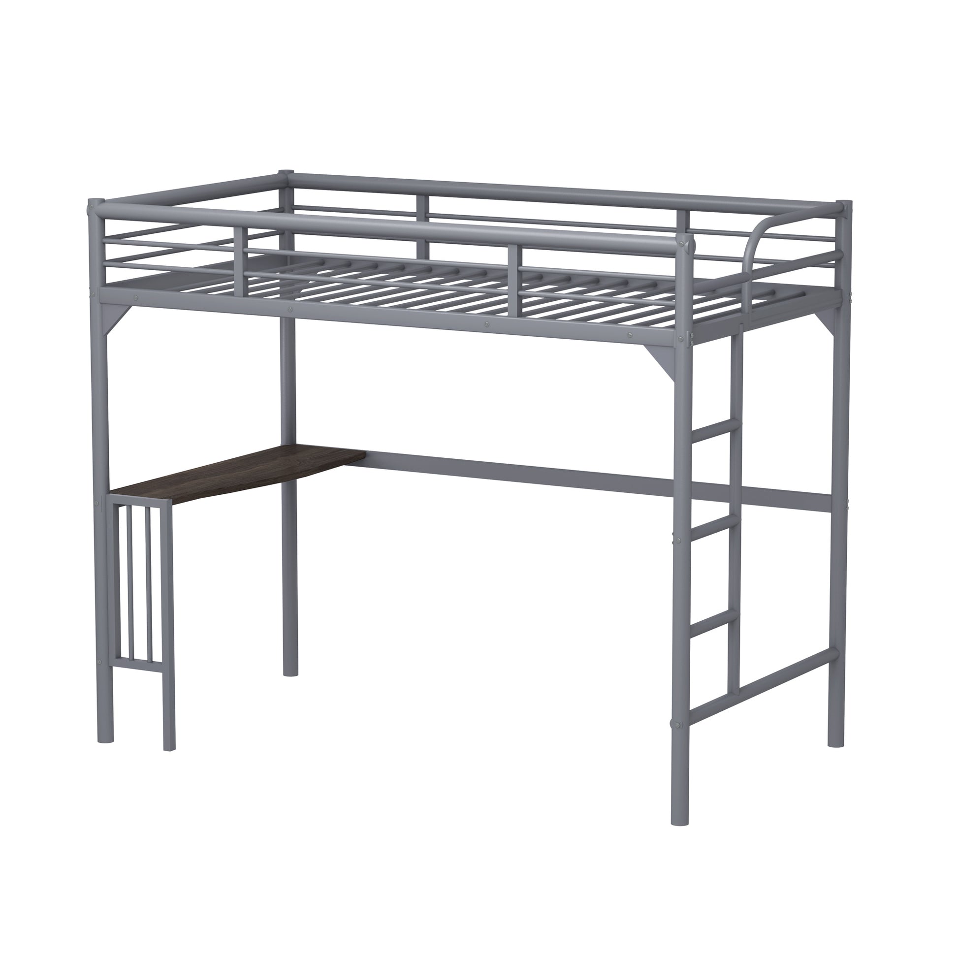 Gray metal loft bed with integrated desk and ladder