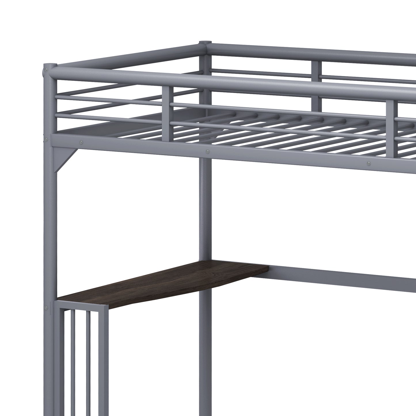 Gray metal loft bed frame with a dark wood desk surface