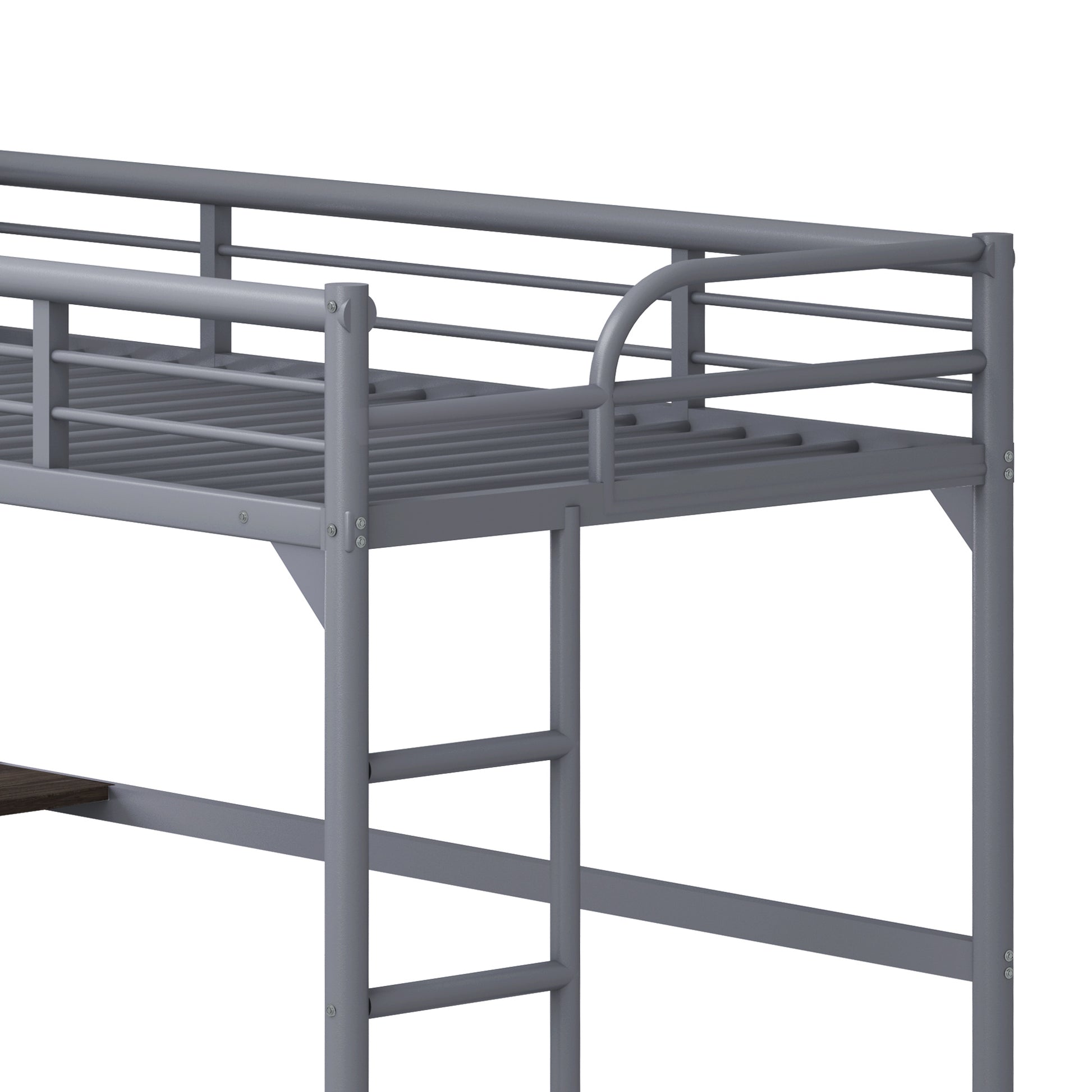 Gray metal loft bed frame with integrated ladder and guardrails