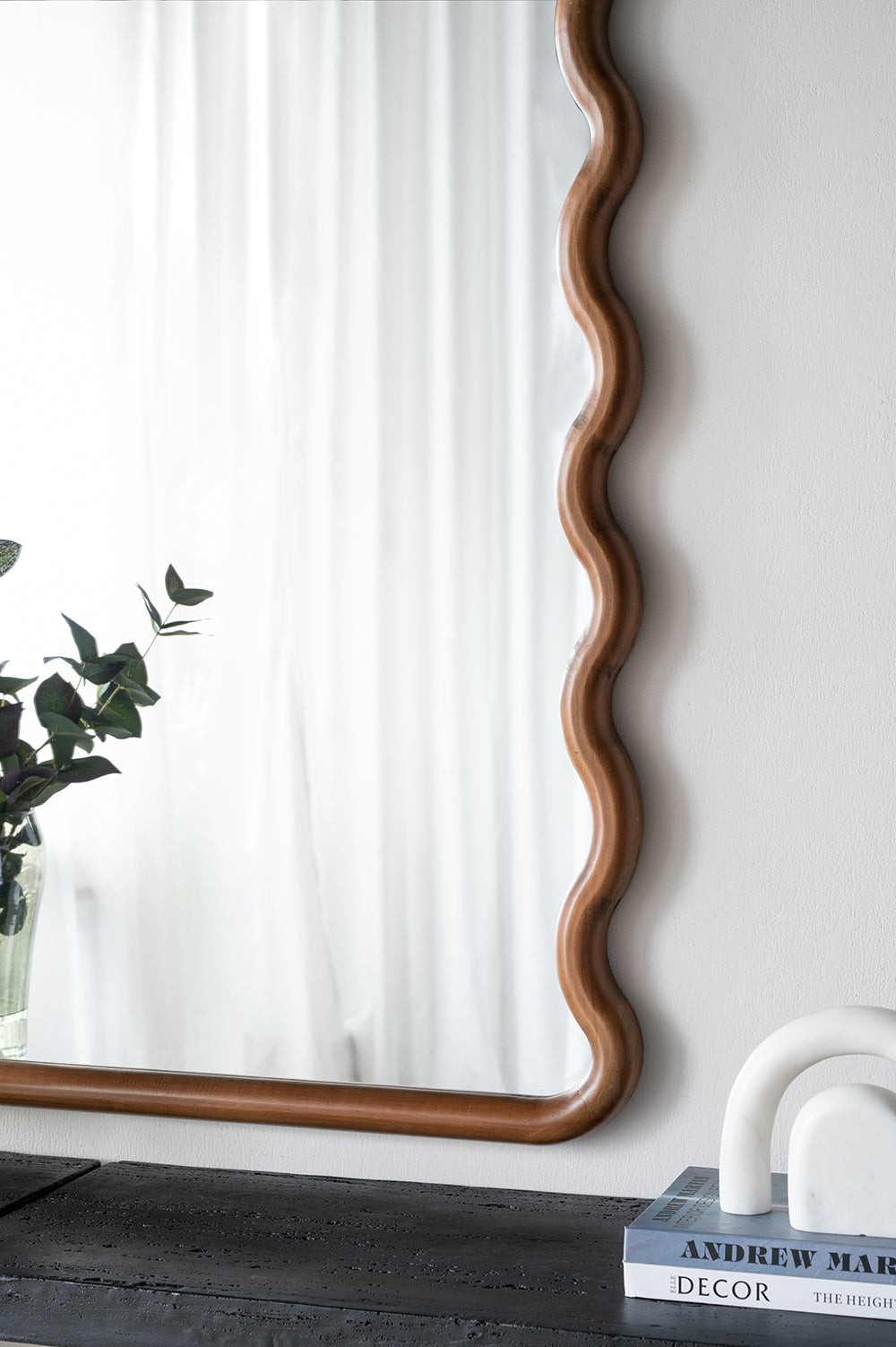 Scalloped edge wooden framed mirror natural wood finish perfect for entryway decor