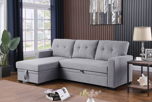 Grey fabric sectional sofa with chaise and hidden storage tufted back cushions