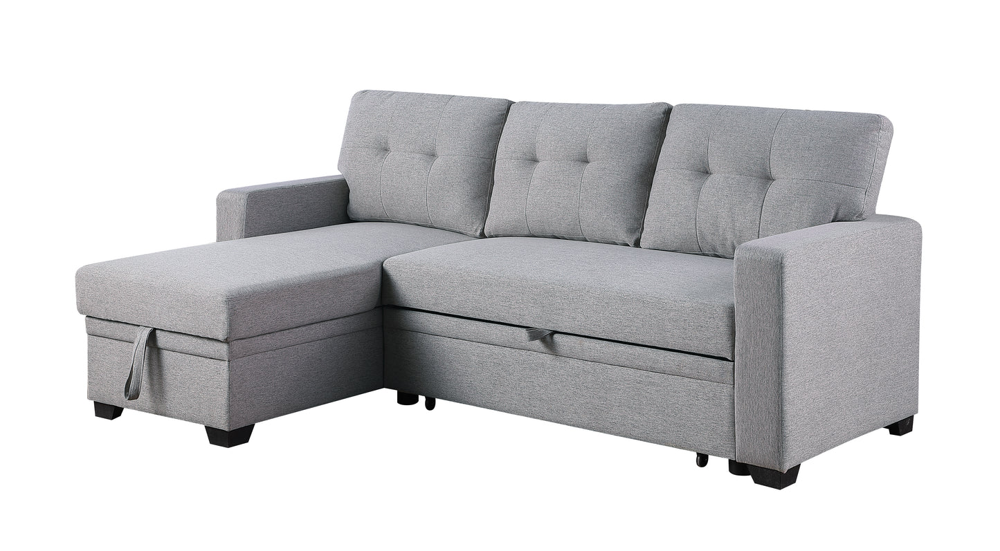 Gray fabric sectional sofa with tufted cushions and hidden storage compartments