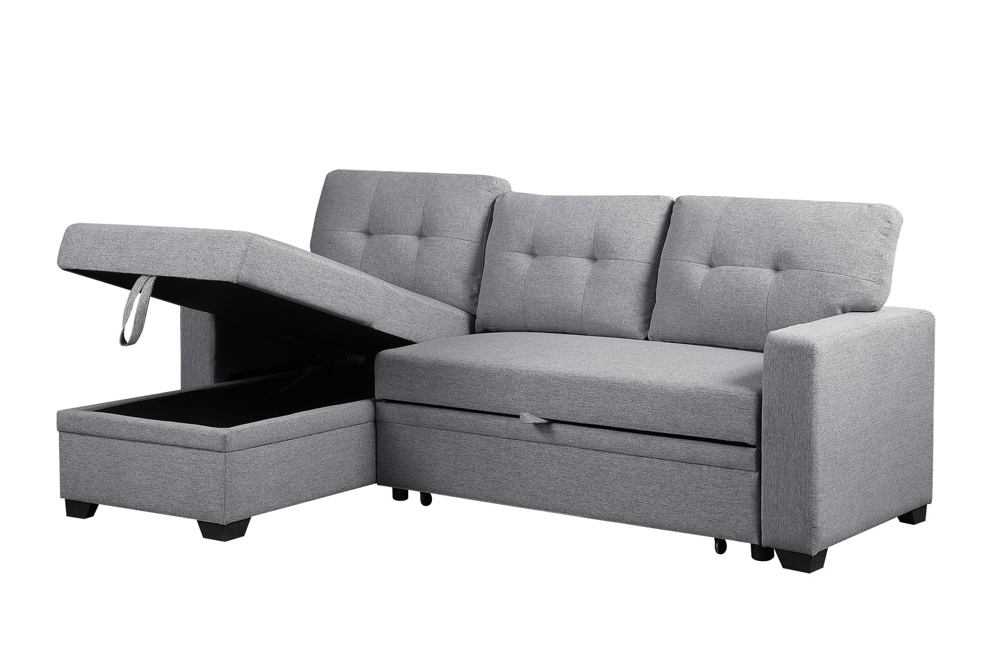 Gray sectional sofa with chaise storage and tufted back cushions