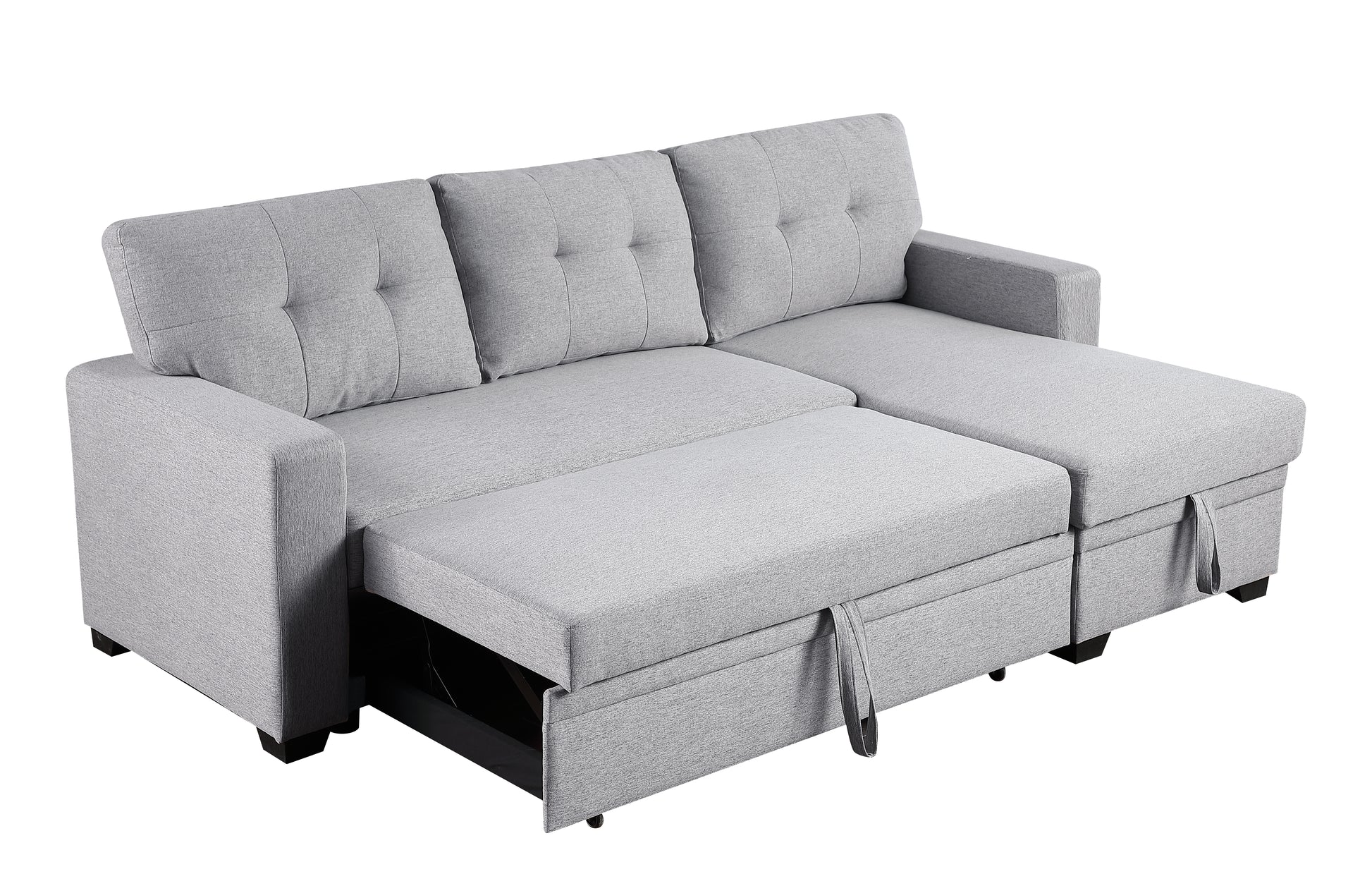 Light grey fabric sectional sofa with pullout bed and storage modern design