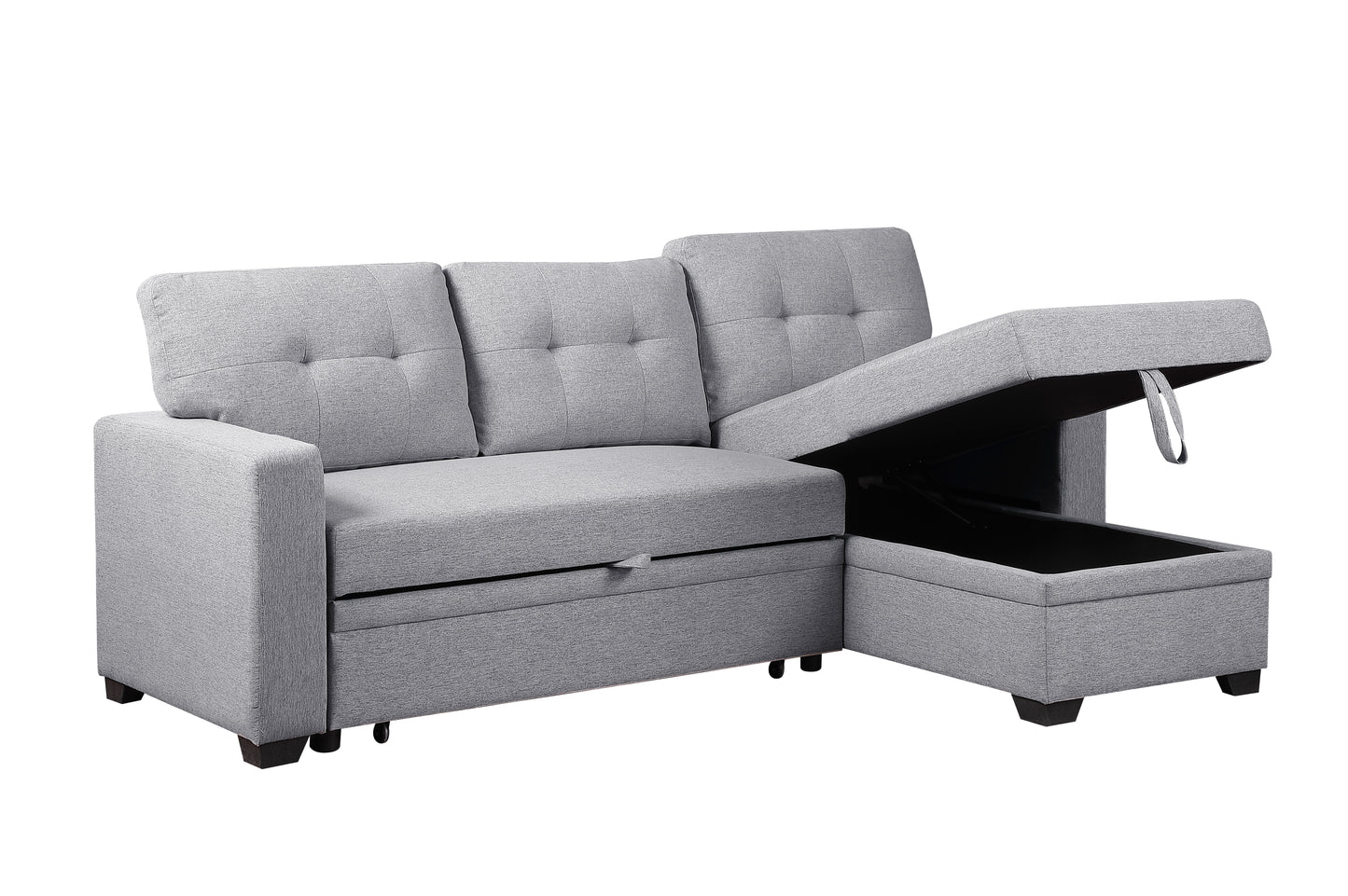 Grey fabric sectional sofa with hidden storage compartment and tufted cushions
