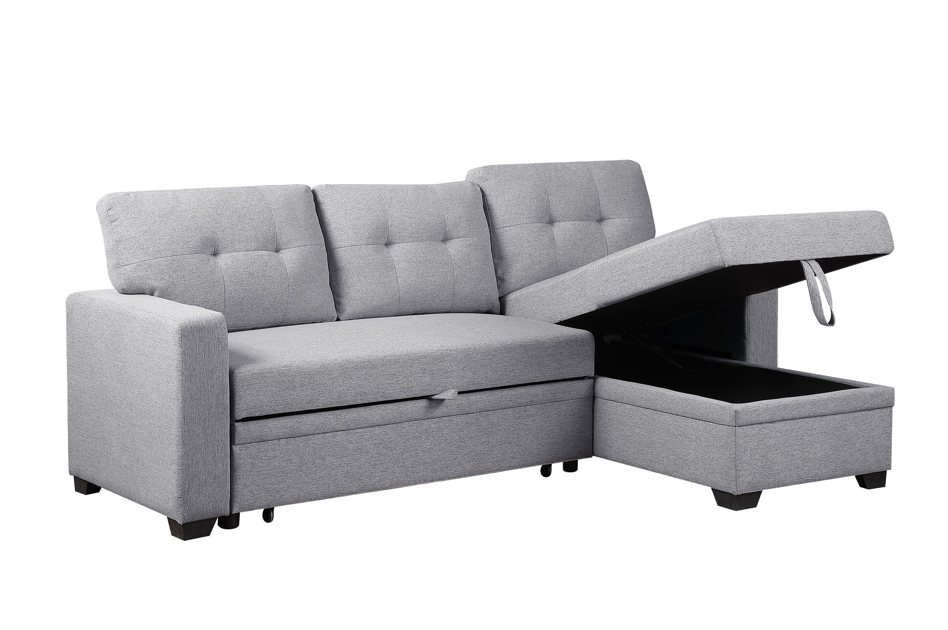 Grey fabric sectional sofa with hidden storage compartment and tufted cushions