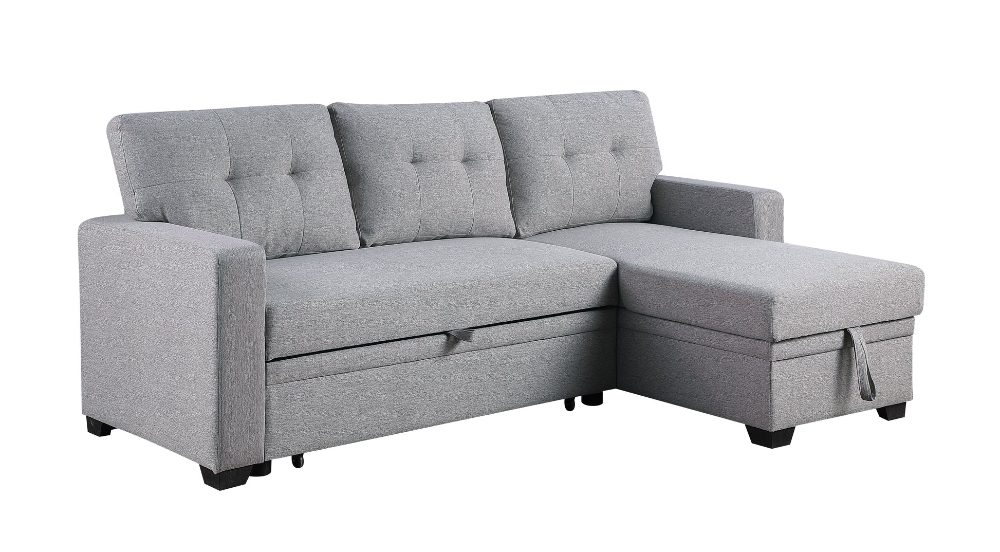 Tufted grey fabric sectional sofa with pullout bed function and storage chaise