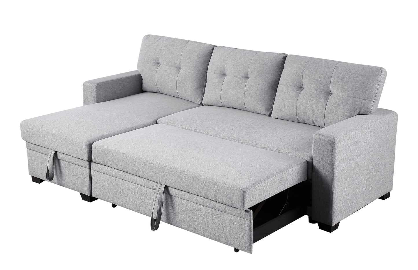 Gray fabric sectional sofa with pullout bed extension and storage modern design