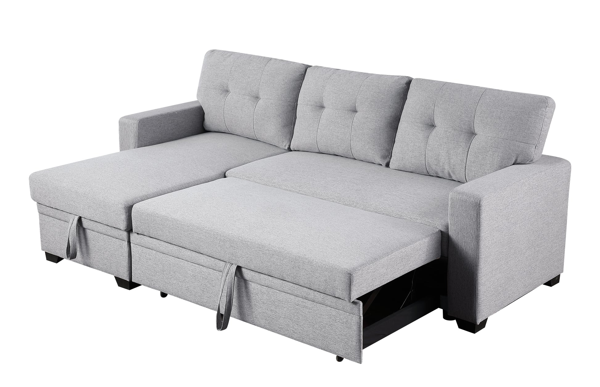 Gray fabric sectional sofa with pullout bed extension and storage modern design