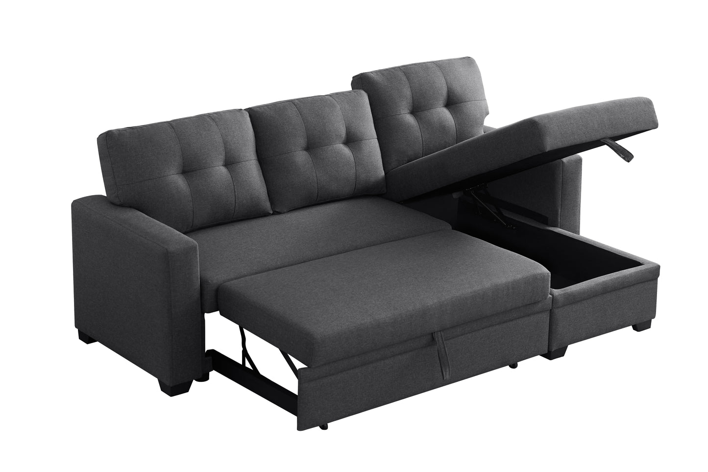 Dark grey sectional sofa with hidden storage pullout bed extended