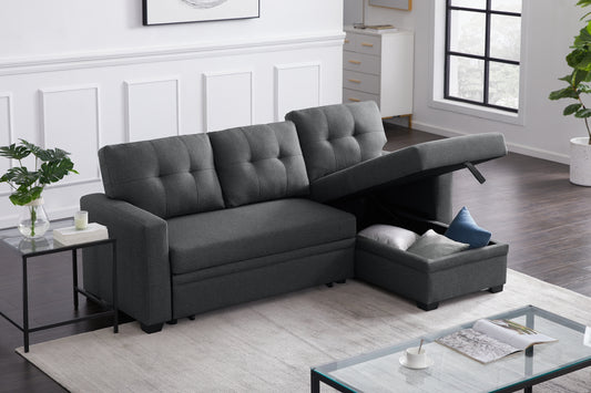 Dark gray tufted sectional sofa with hidden storage perfect for modern living rooms