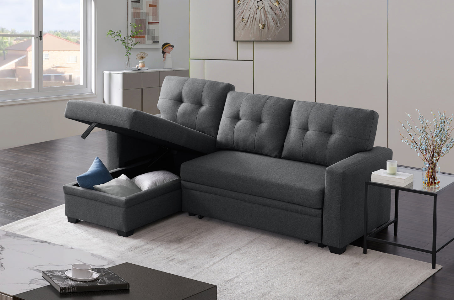 Dark grey fabric sectional sofa with hidden storage compartment and tufted cushions