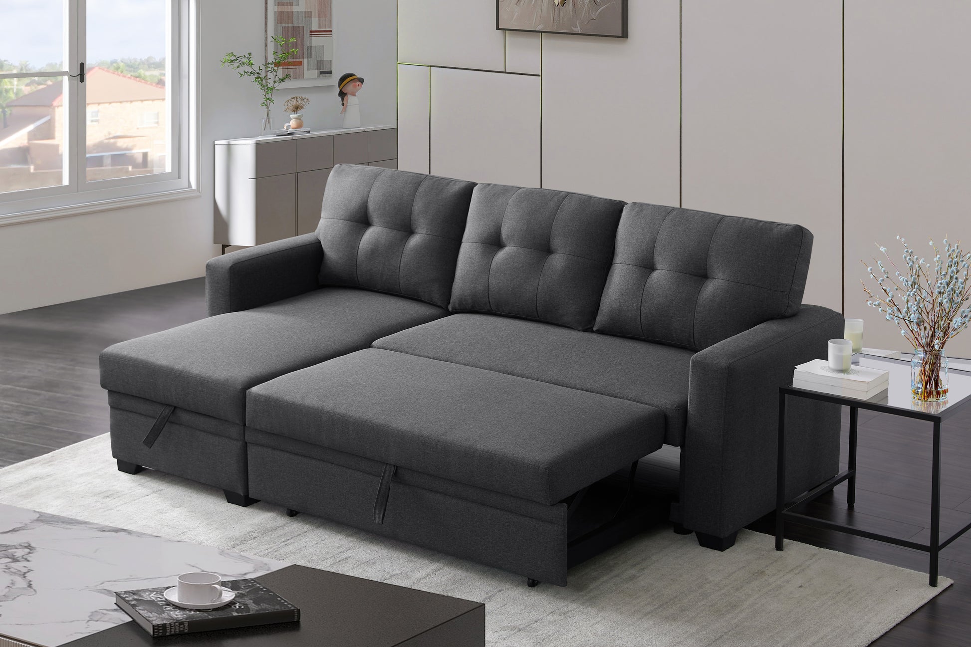 Dark grey fabric sectional sofa with chaise lounge pullout bed