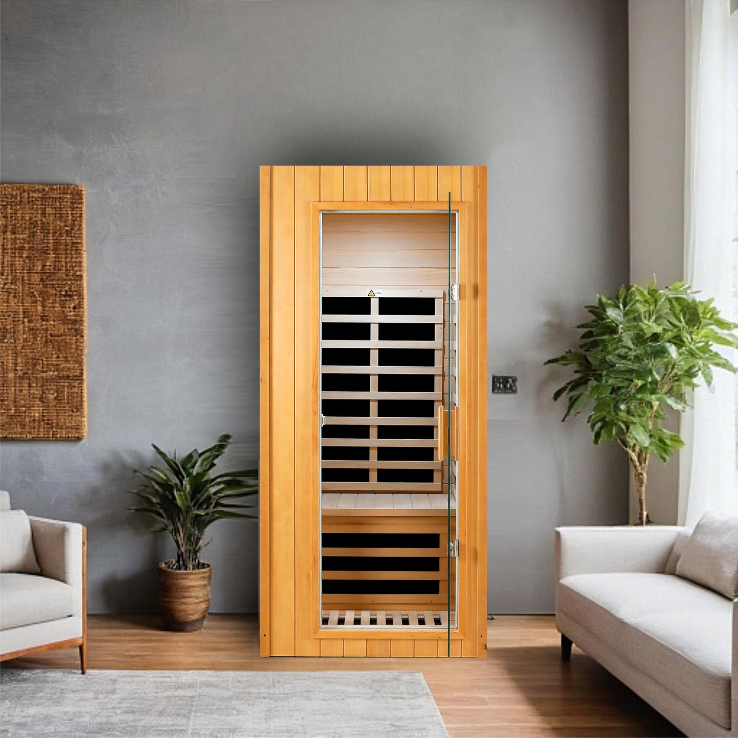 Modern person infrared sauna with clear glass door and wooden exterior