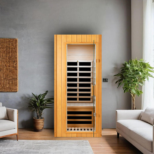 Modern person infrared sauna with clear glass door and wooden exterior