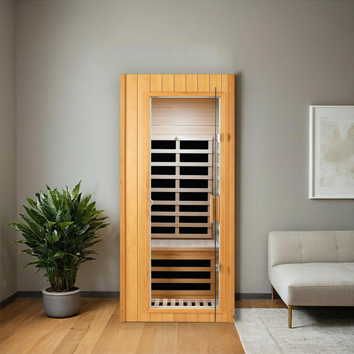 Twoperson infrared sauna cabin with natural wood exterior and glass door
