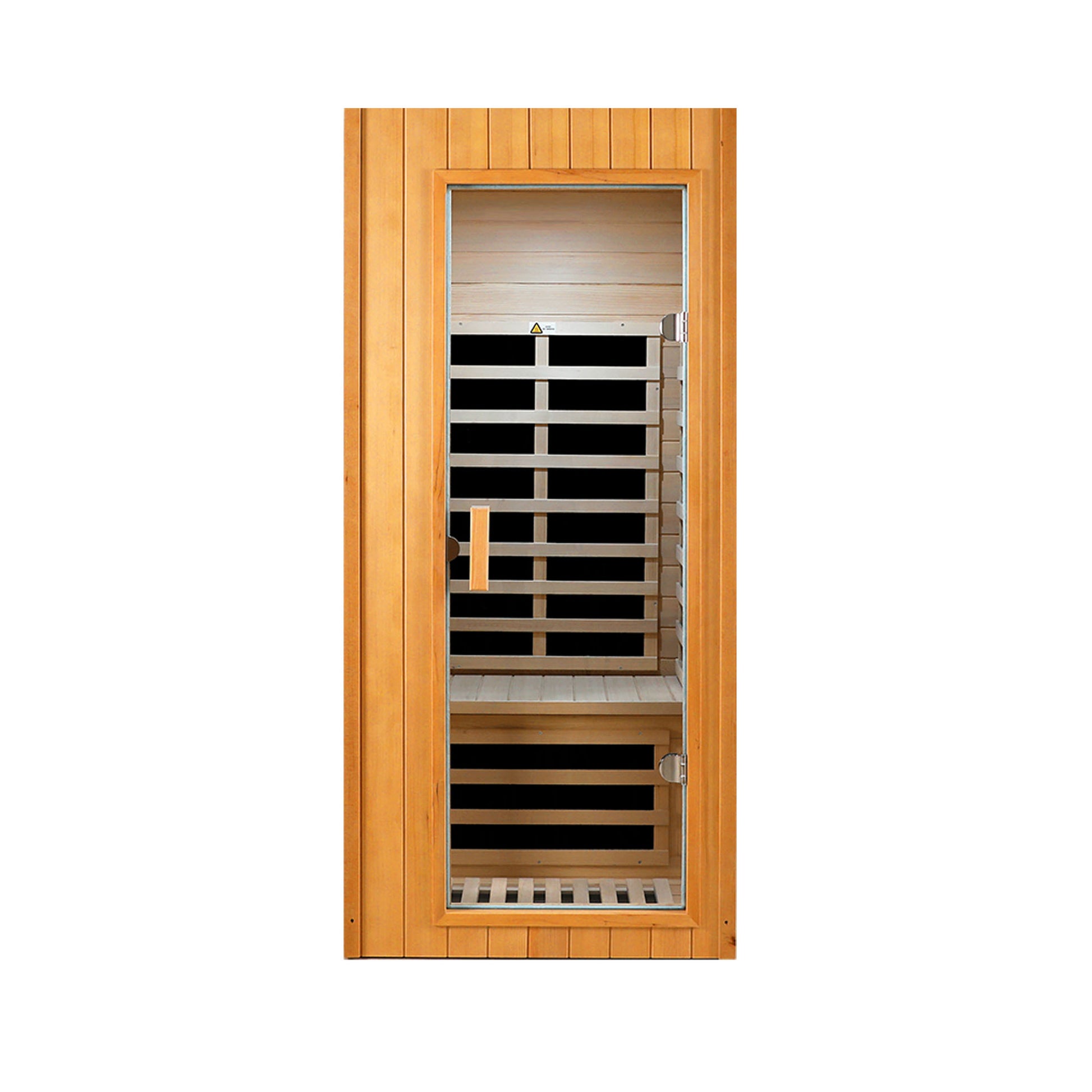 Wooden infrared sauna cabin with glass door and interior seating