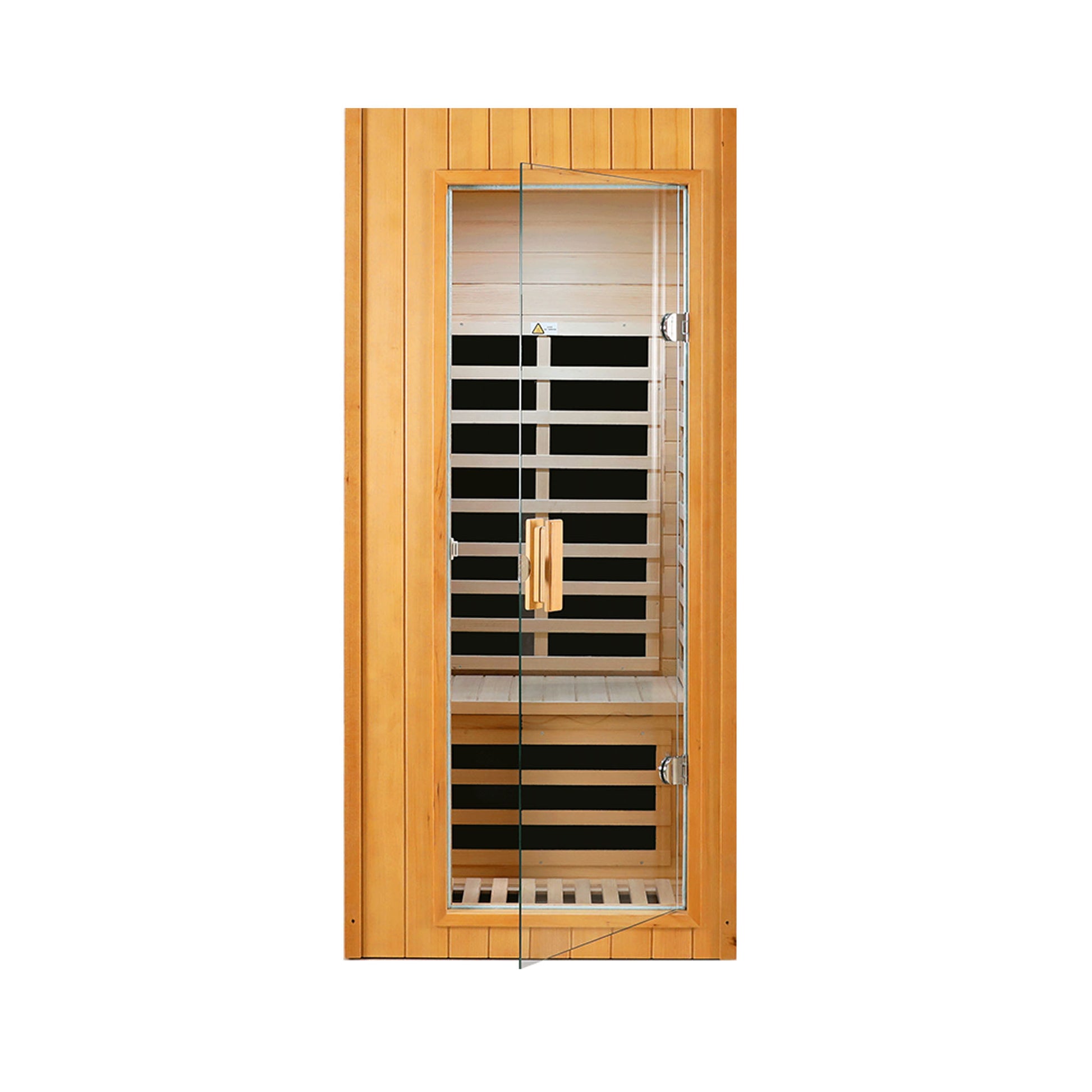 Natural wood infrared sauna cabin with glass door and wooden handle