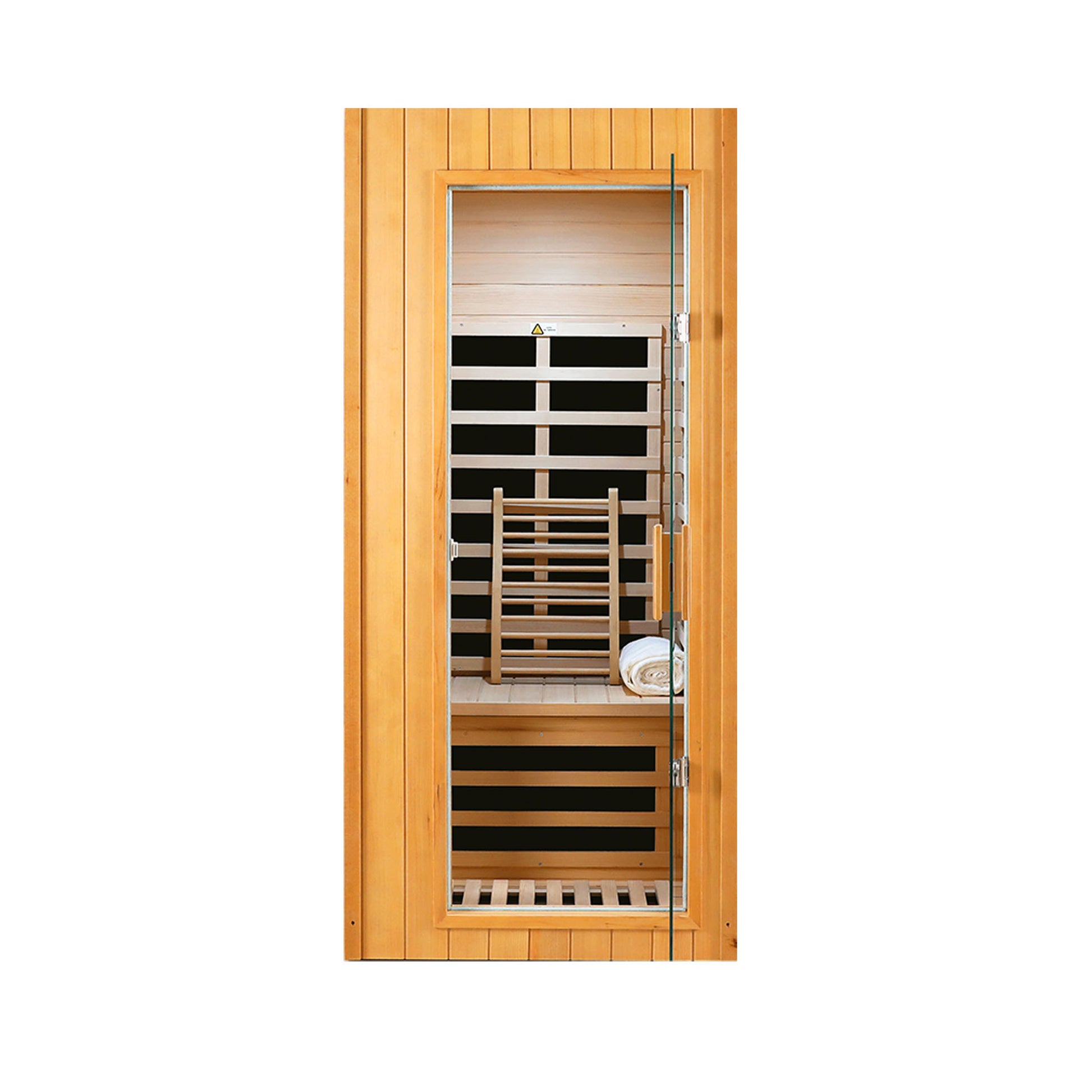 Modern wooden infrared sauna with glass door and a rolled towel inside for relaxation