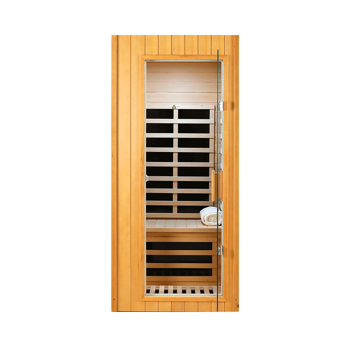 A sleek wooden infrared sauna with a glass door and comfortable seating perfect for home relaxation