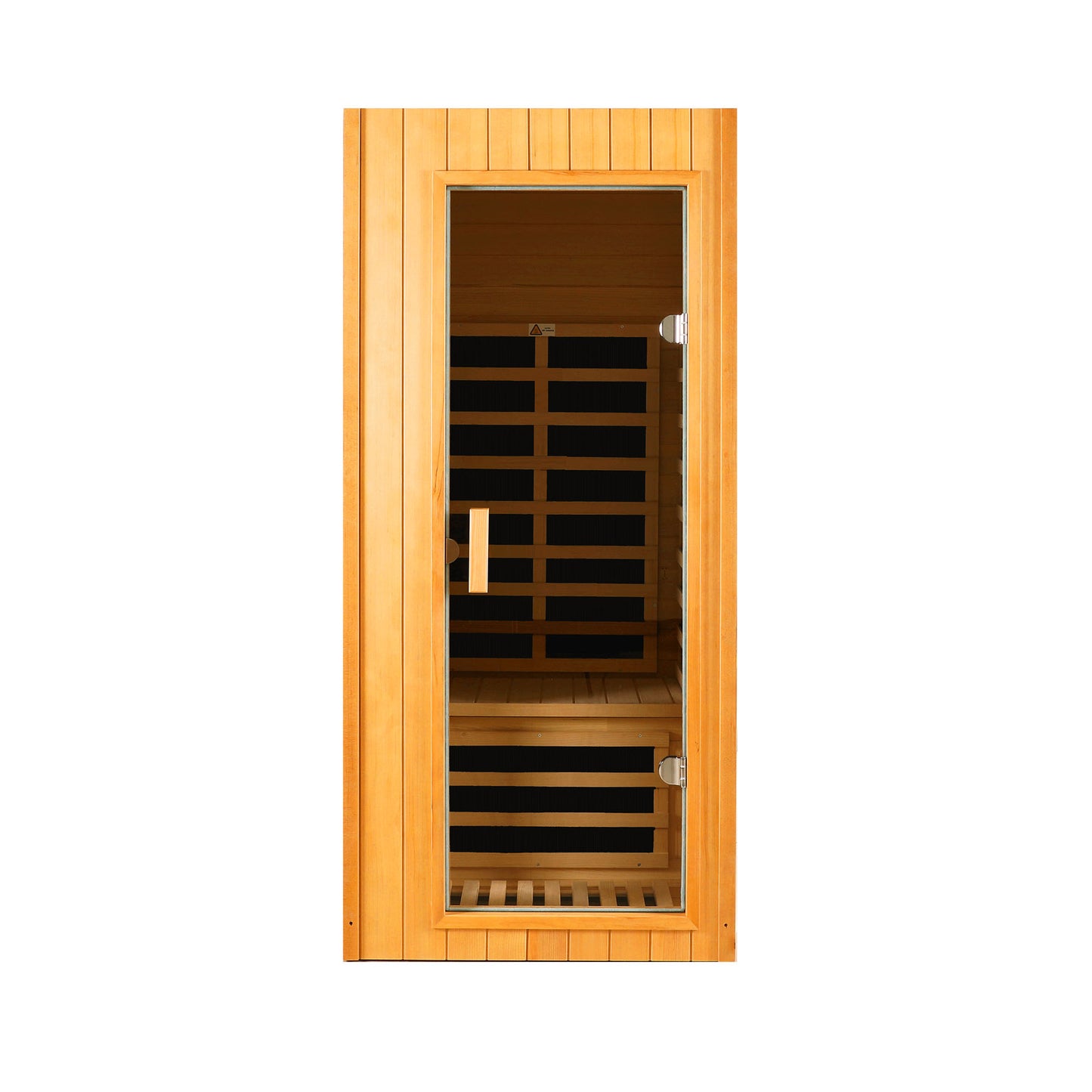 Compact infrared sauna with natural wood exterior and glass door