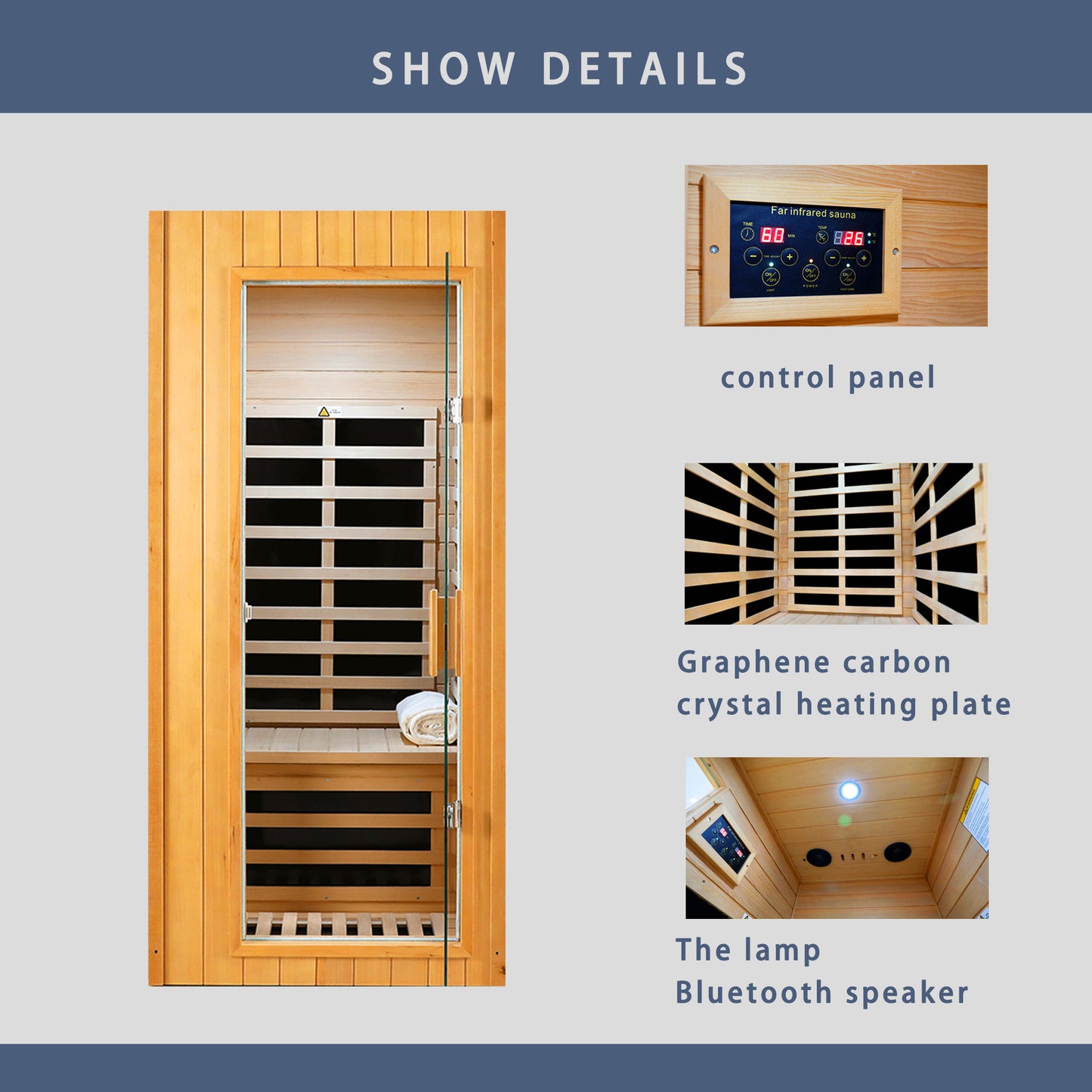 Wooden infrared sauna with glass door and control panel