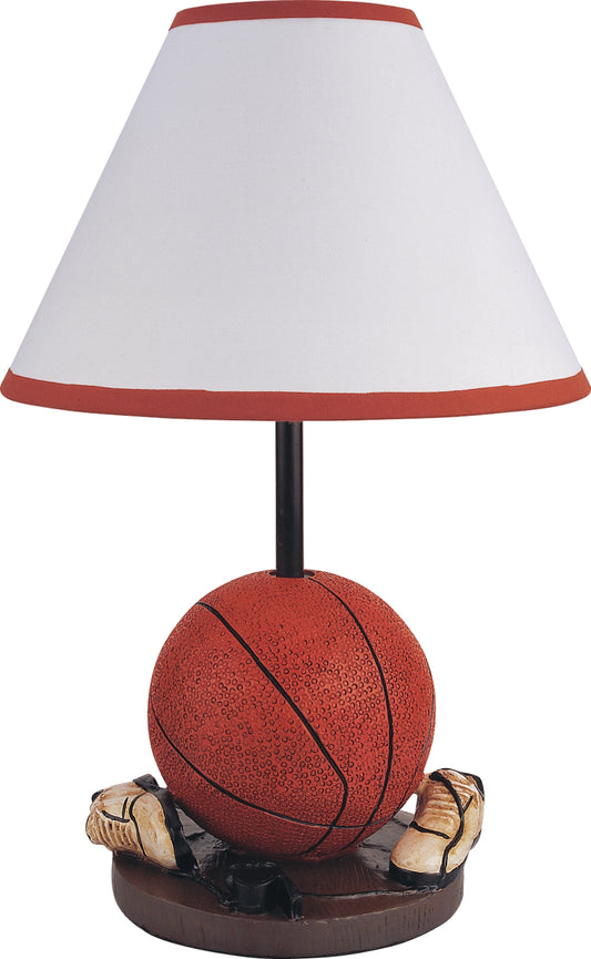 Basketball lamp with white shade featuring red trim on base and white sneakers