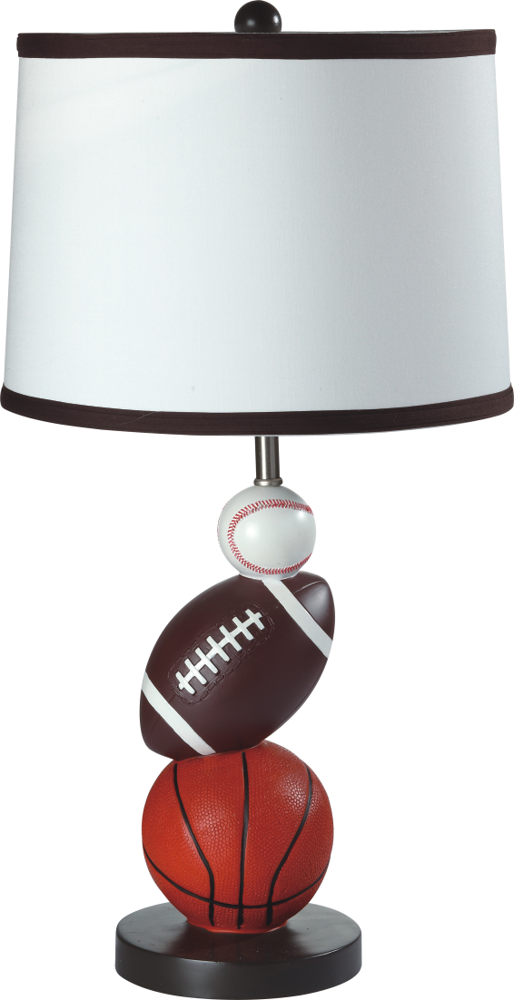 Sportsthemed table lamp featuring stacked basketball football and baseball elements