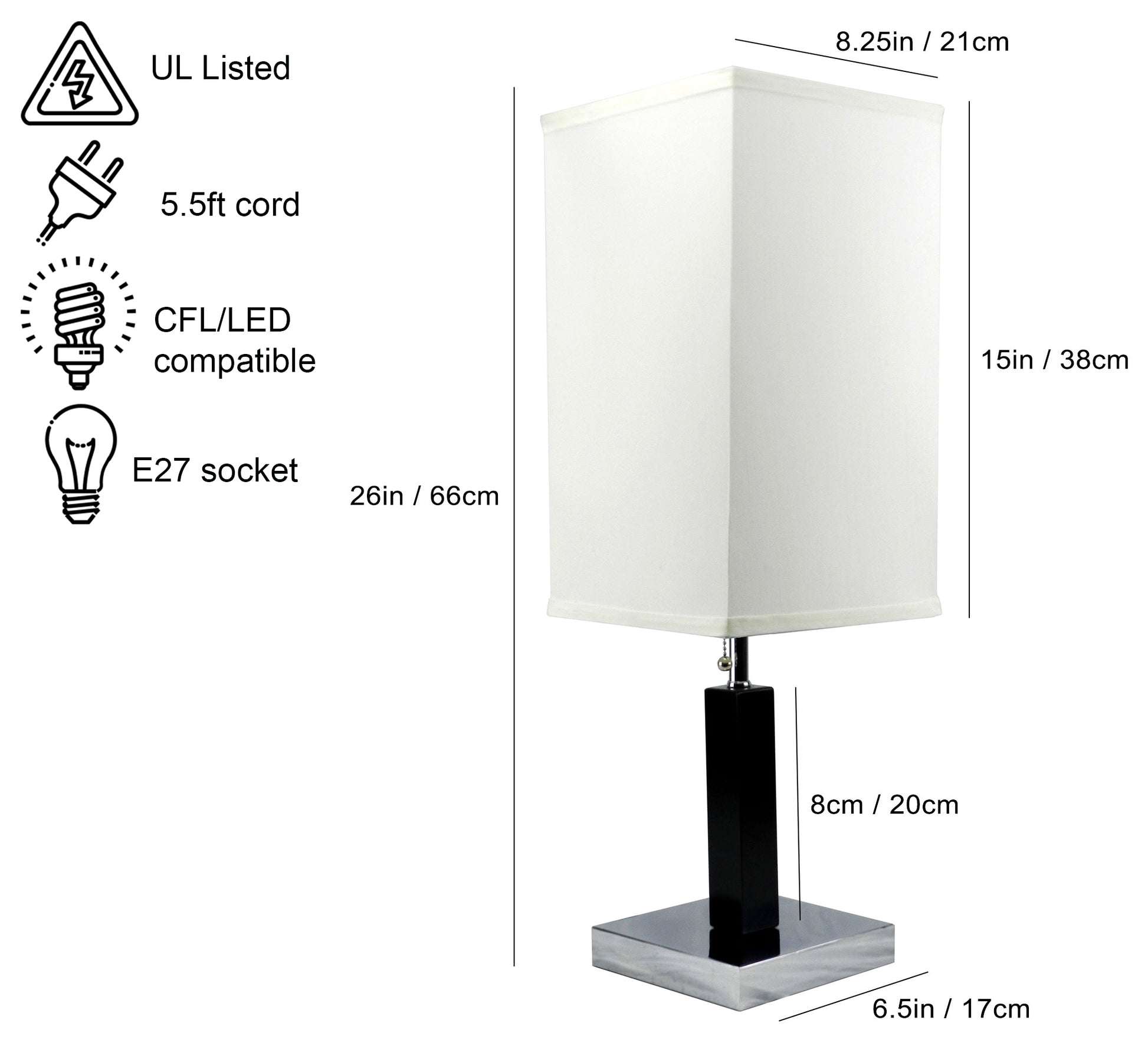 Modern black and chrome table lamp with white rectangular shade UL listed
