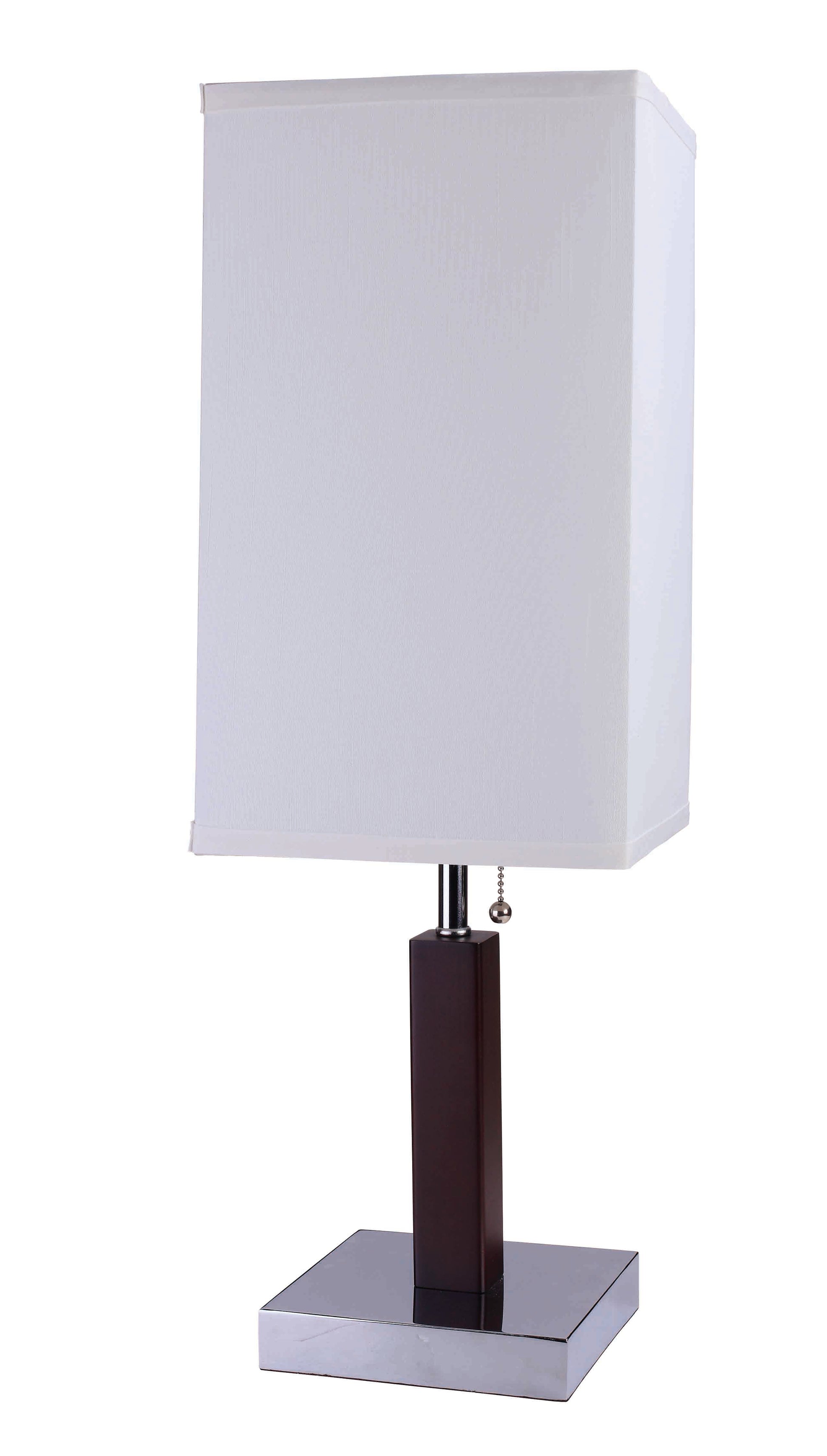 Modern table lamp with a white rectangular shade dark wood stem and polished chrome base