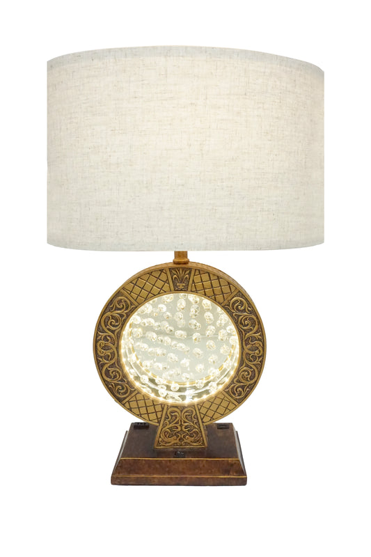 Bronze art deco desk lamp with linen shade and crystal accents