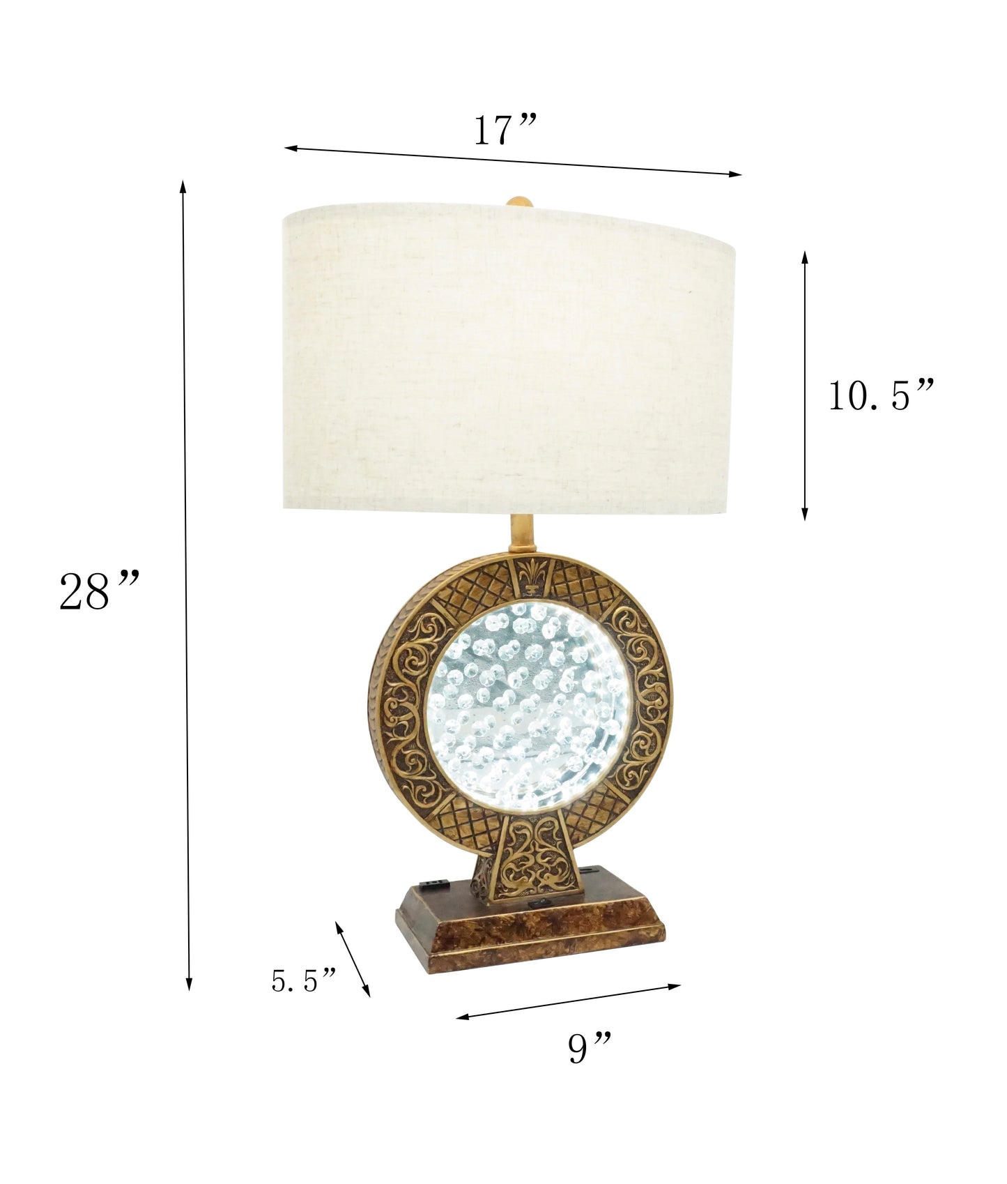 Ornate goldtone table lamp with linen shade and mirrored crystal orb base