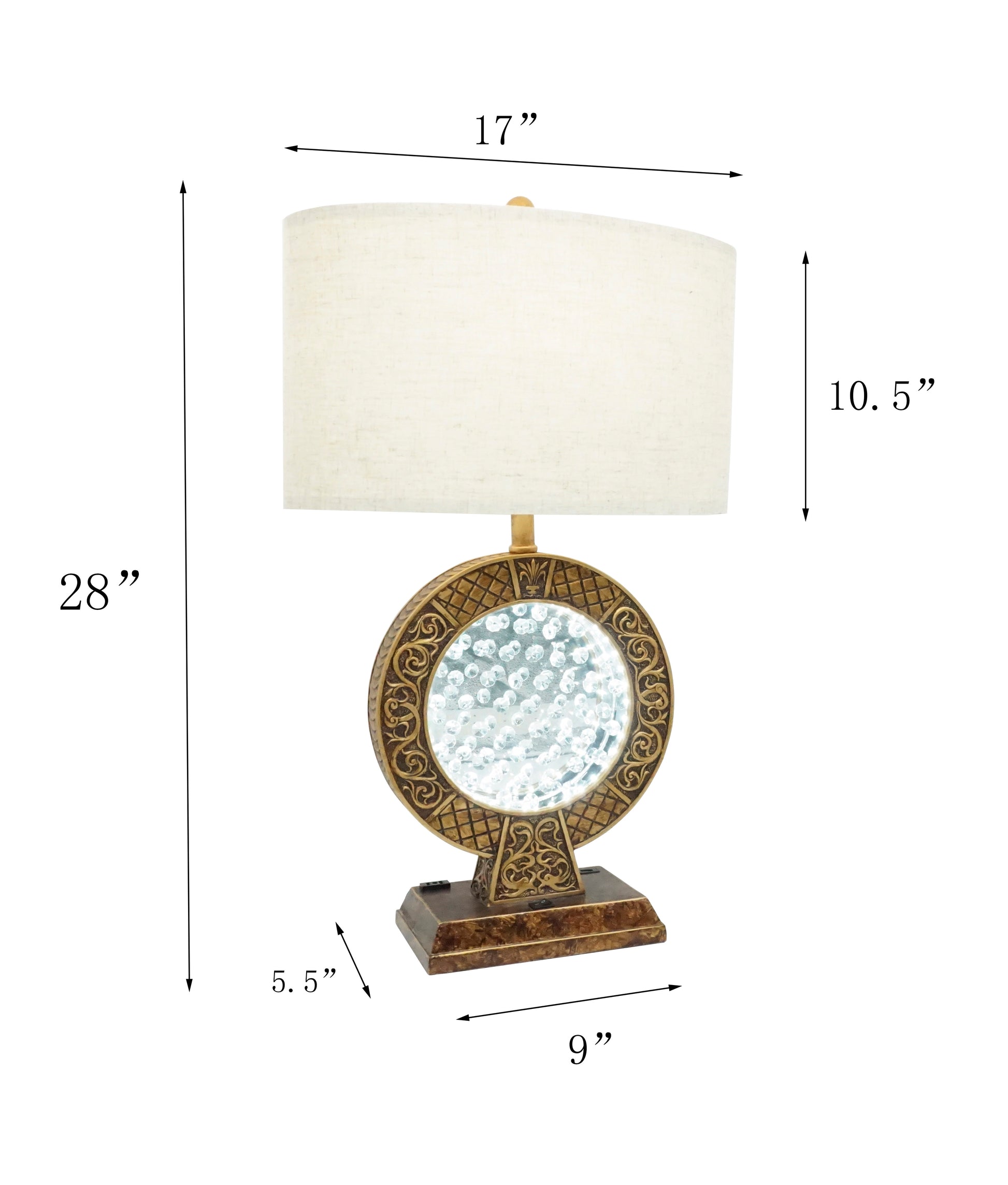 Ornate goldtone table lamp with linen shade and mirrored crystal orb base