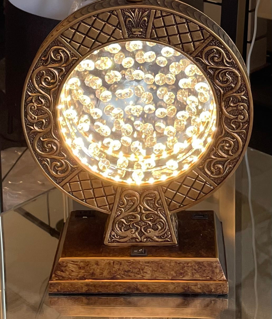 Ornate antique gold table lamp with crystal accents and warm LED lights