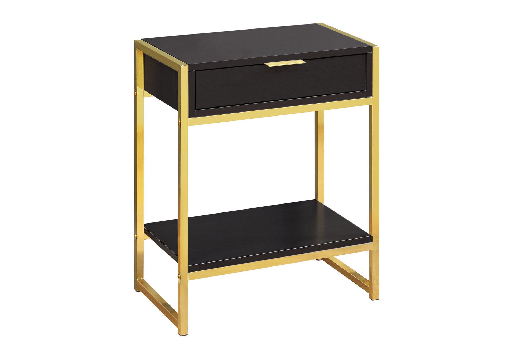 Black and gold accent nightstand with one drawer and open shelf