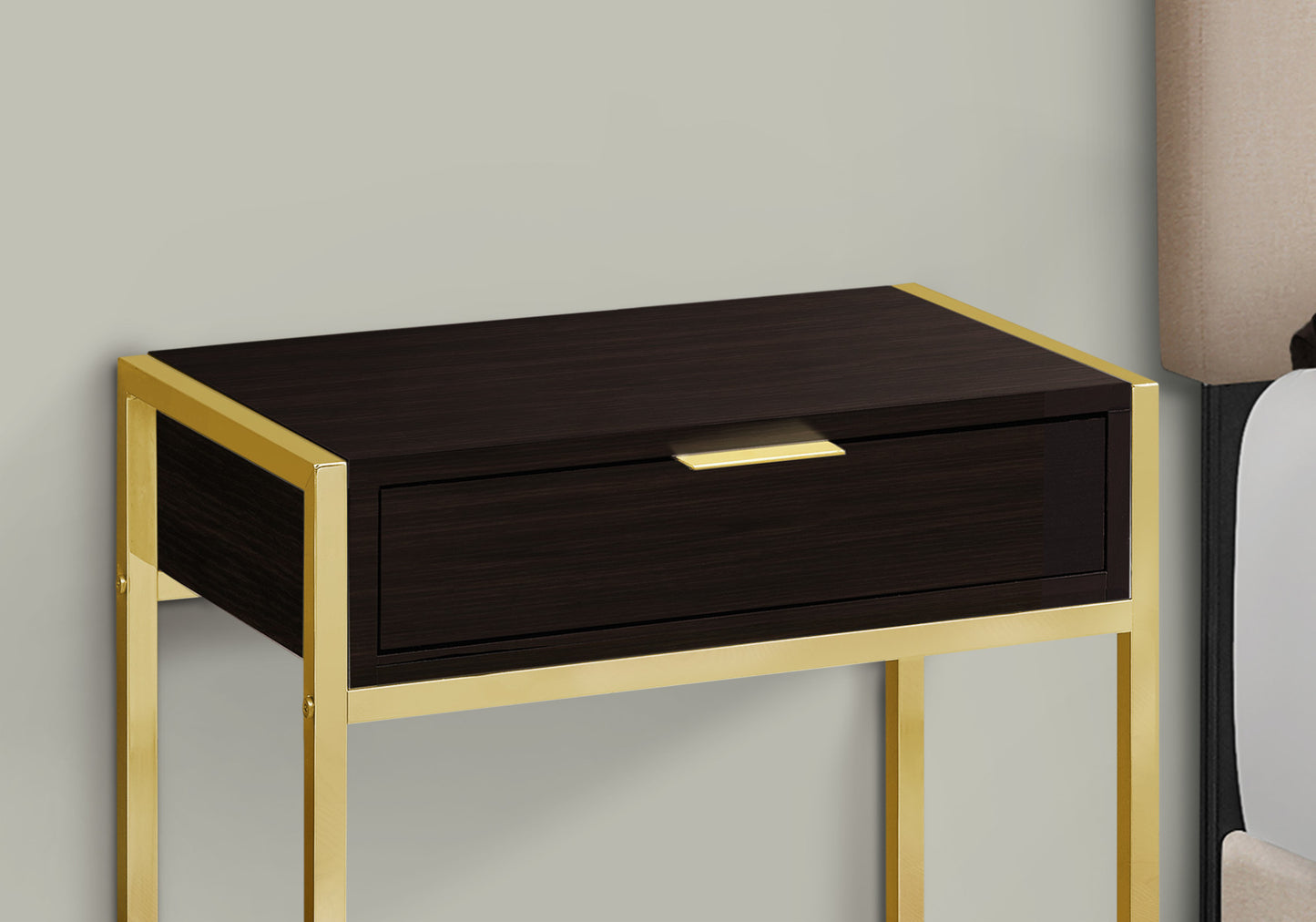 Dark wood bedside table with gold metal frame and single drawer modern bedroom accent