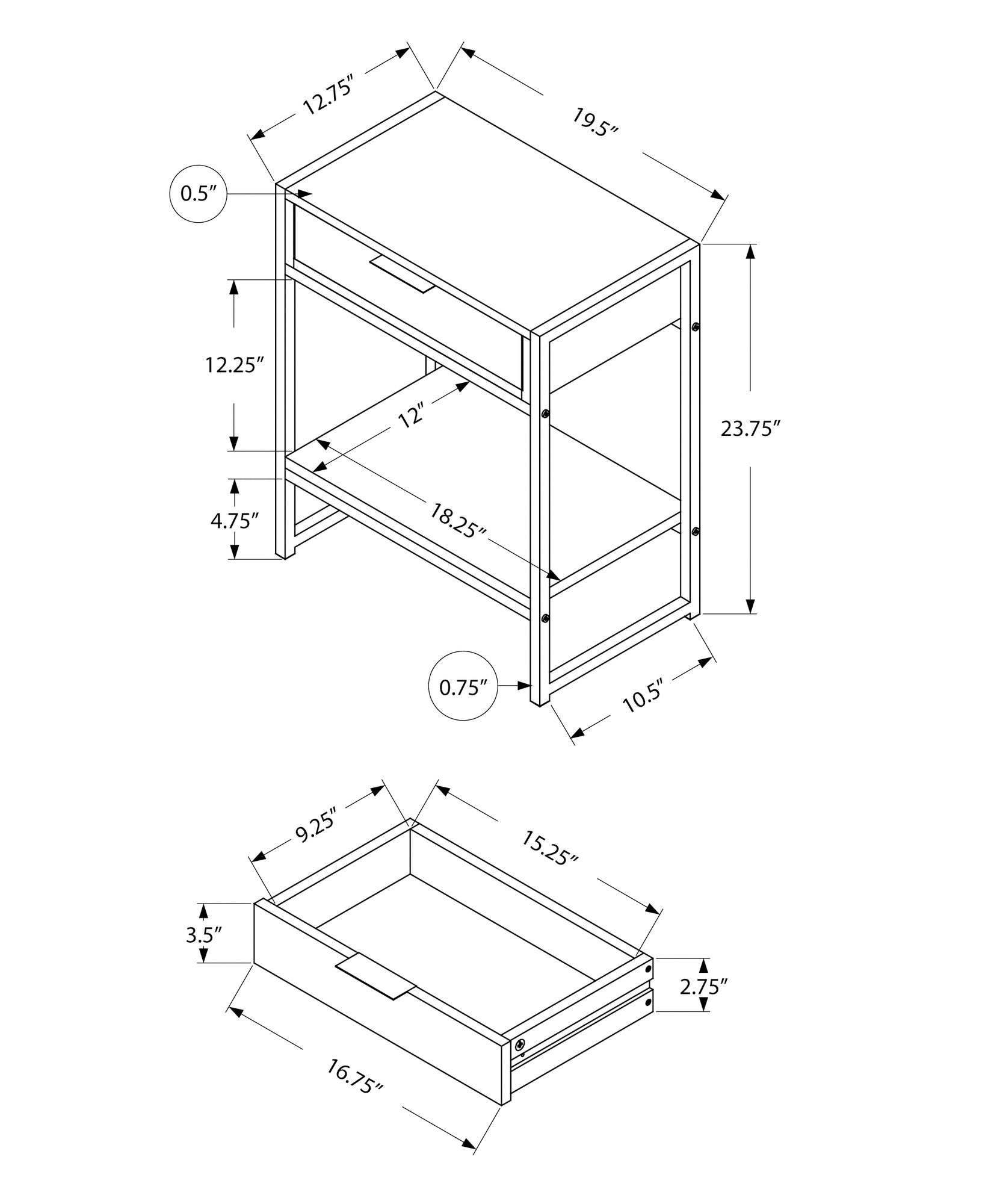 Technical drawing of a modern nightstand with dimensions Primary keyword nightstand