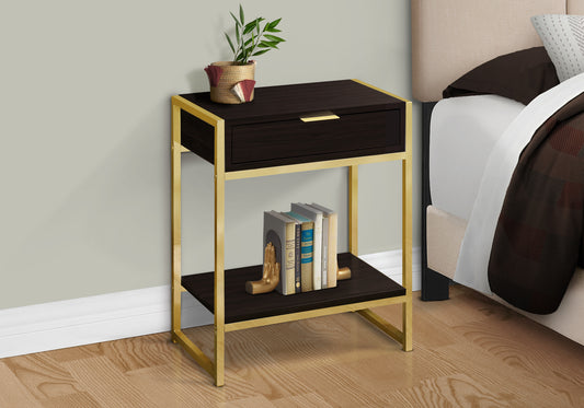 Dark wood and gold bedside table with one drawer and open shelf for bedroom decor