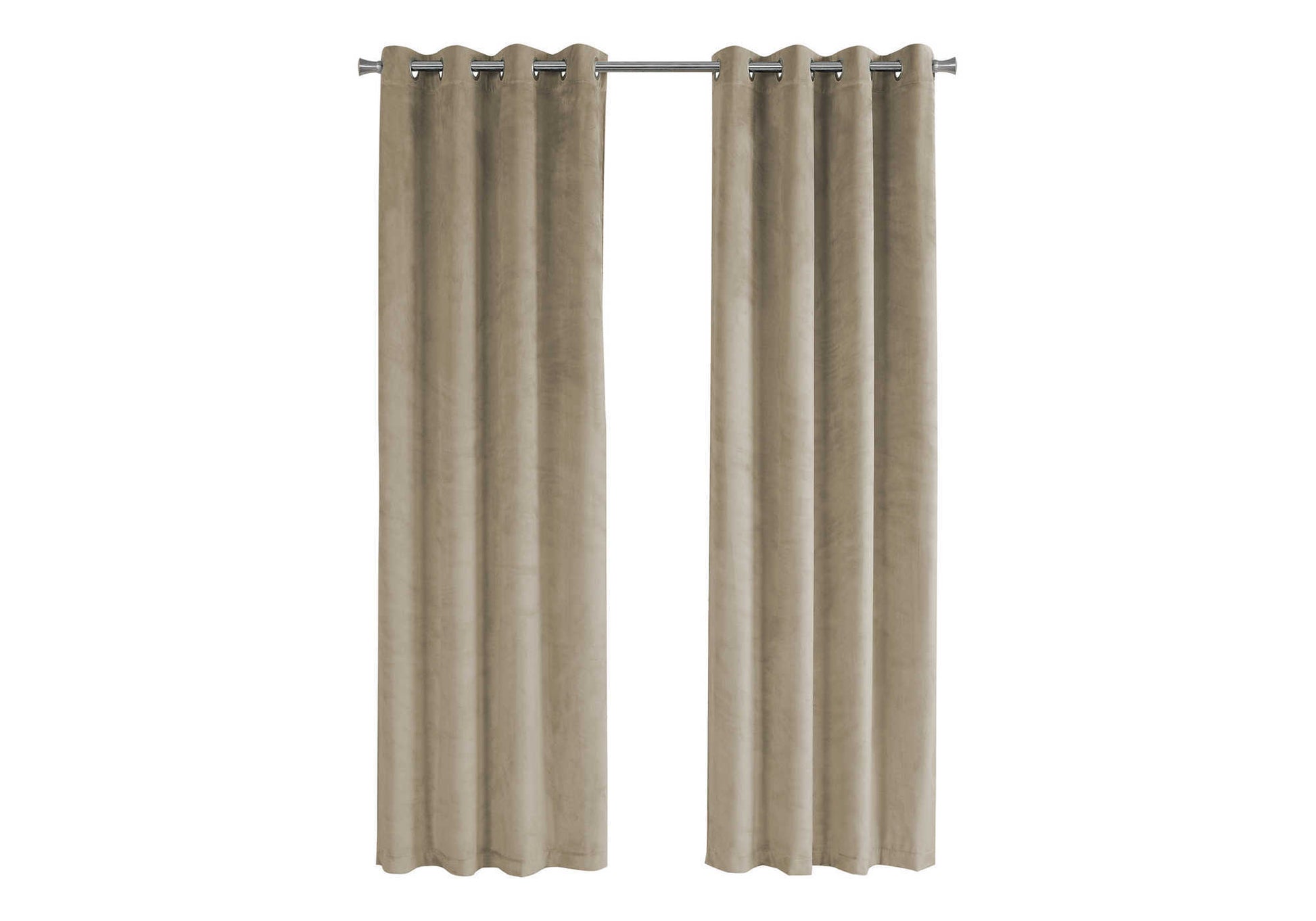 Two taupe velvet grommet curtains hanging on a silver curtain rod for home decor
