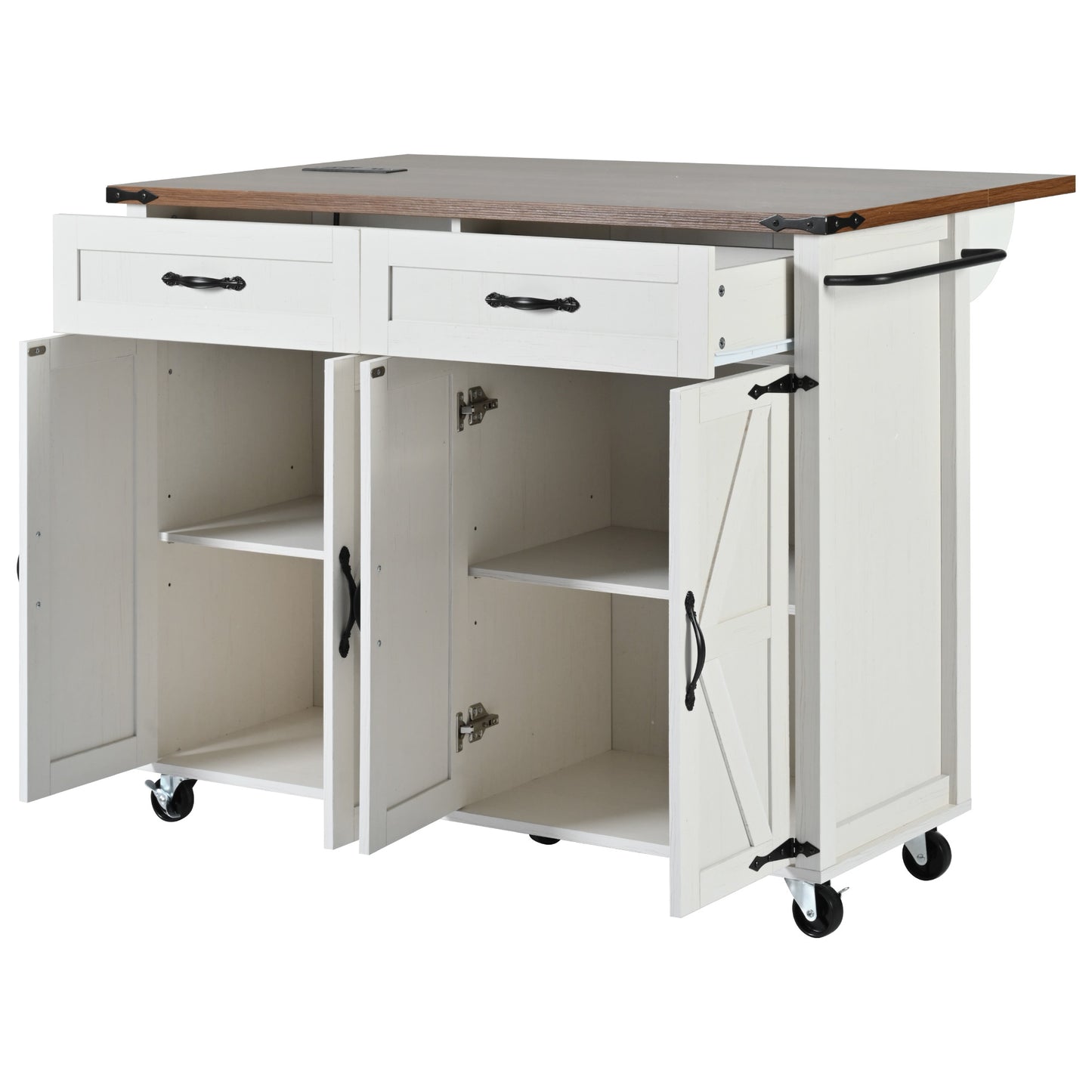 White farmhouse kitchen island with dark wood top open shelves and barn doors