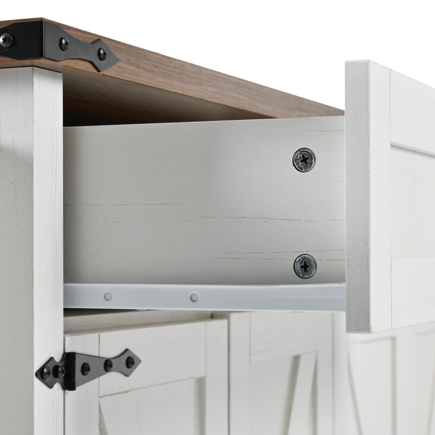 White dresser drawer with rustic black metal hardware