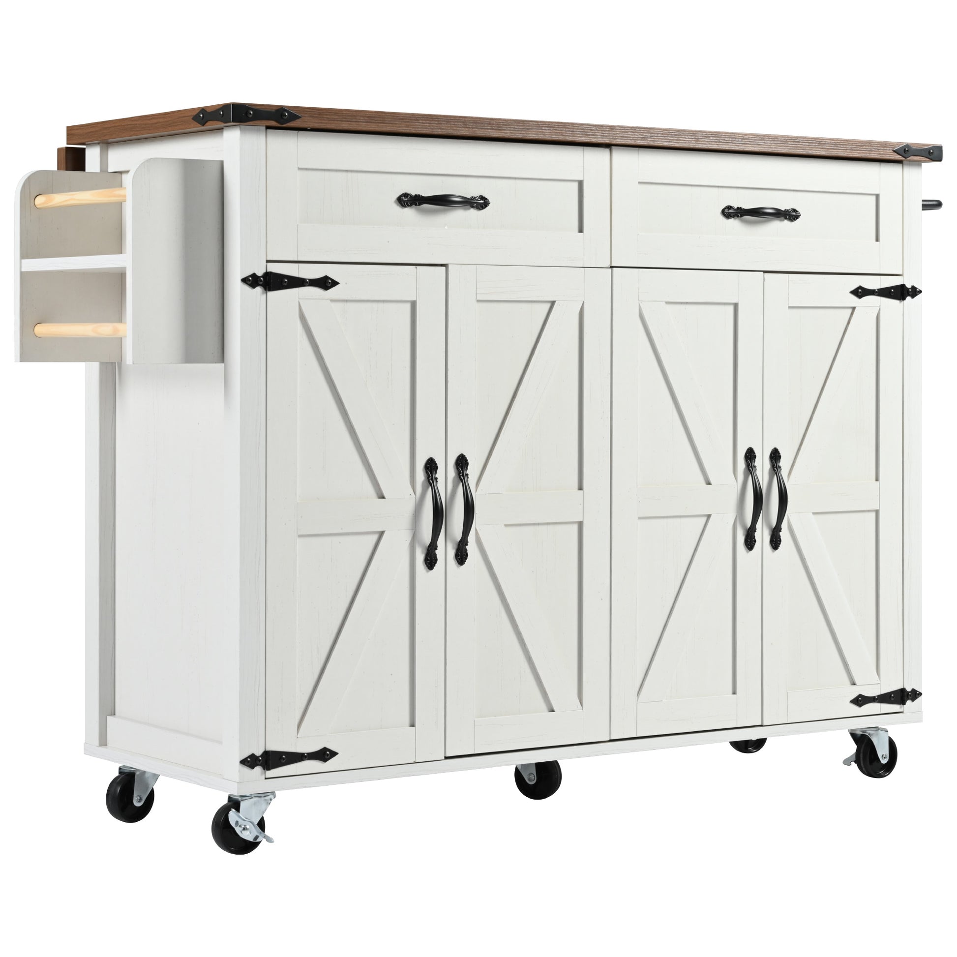 White farmhouse kitchen island with two drawers and four barnstyle doors
