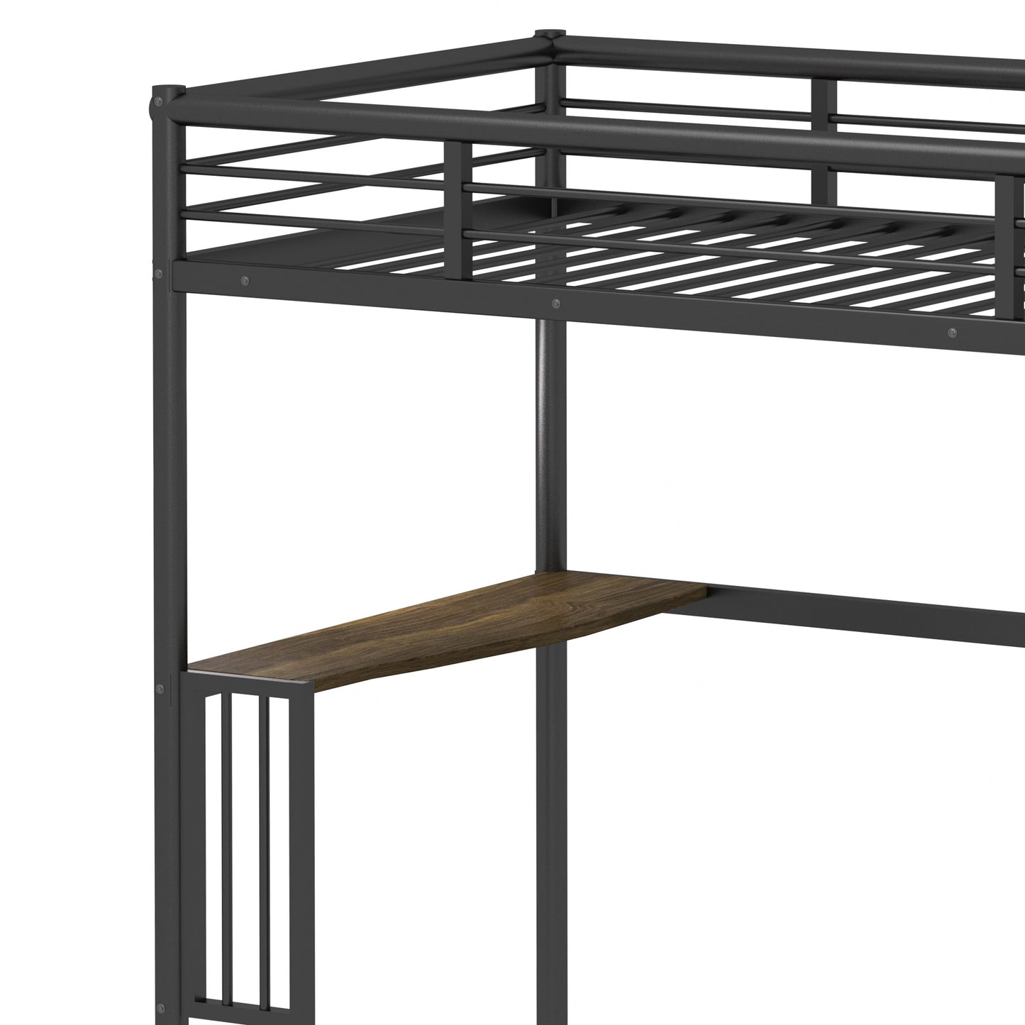 Black metal loft bed frame with integrated wood desk