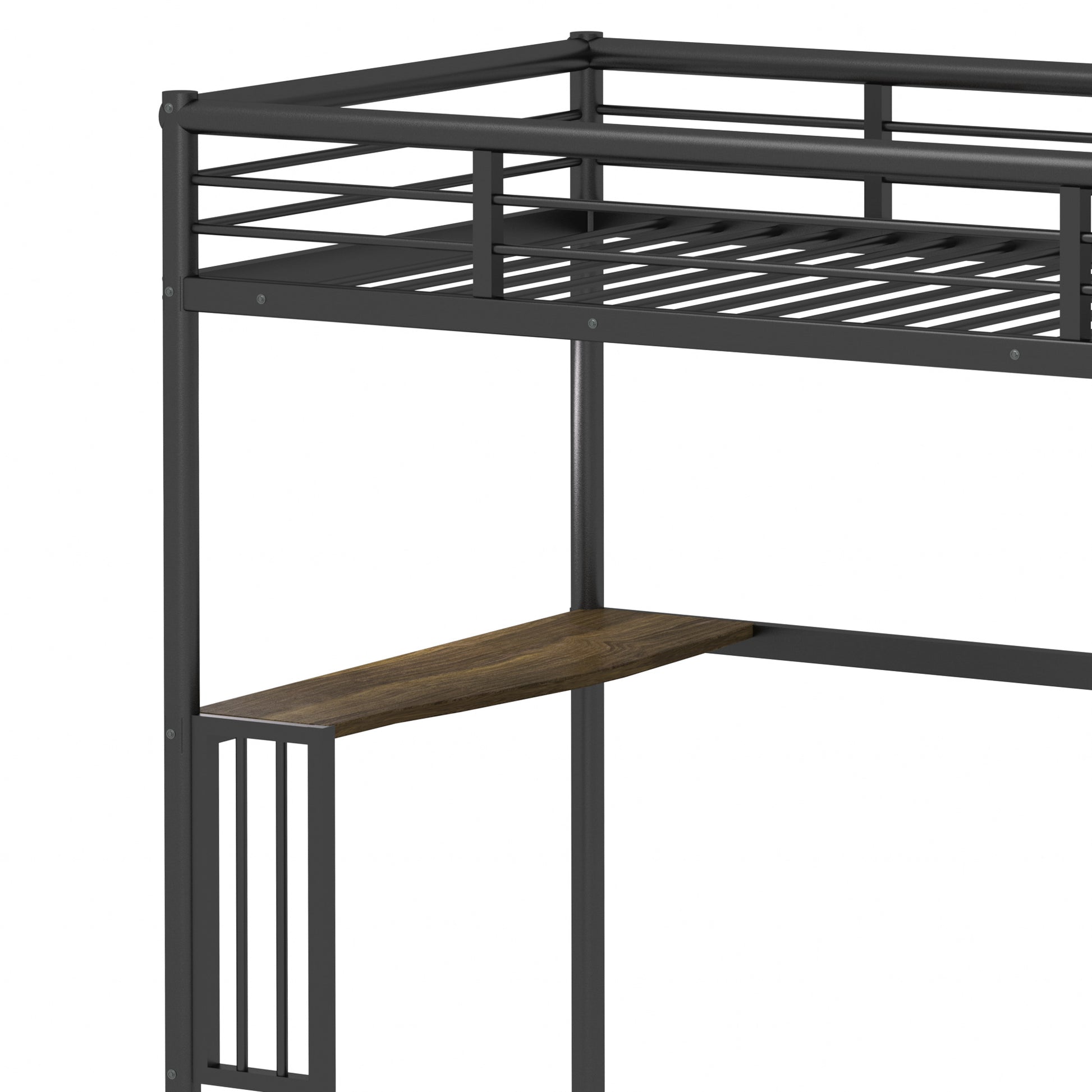 Black metal loft bed frame with integrated wood desk