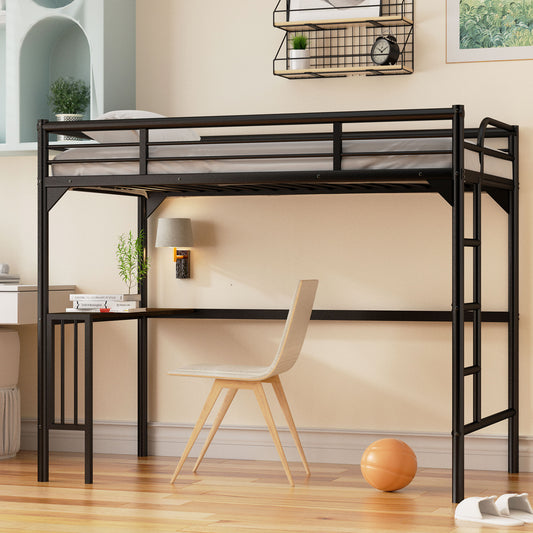 Black metal loft bed with integrated desk and ladder perfect for small spaces