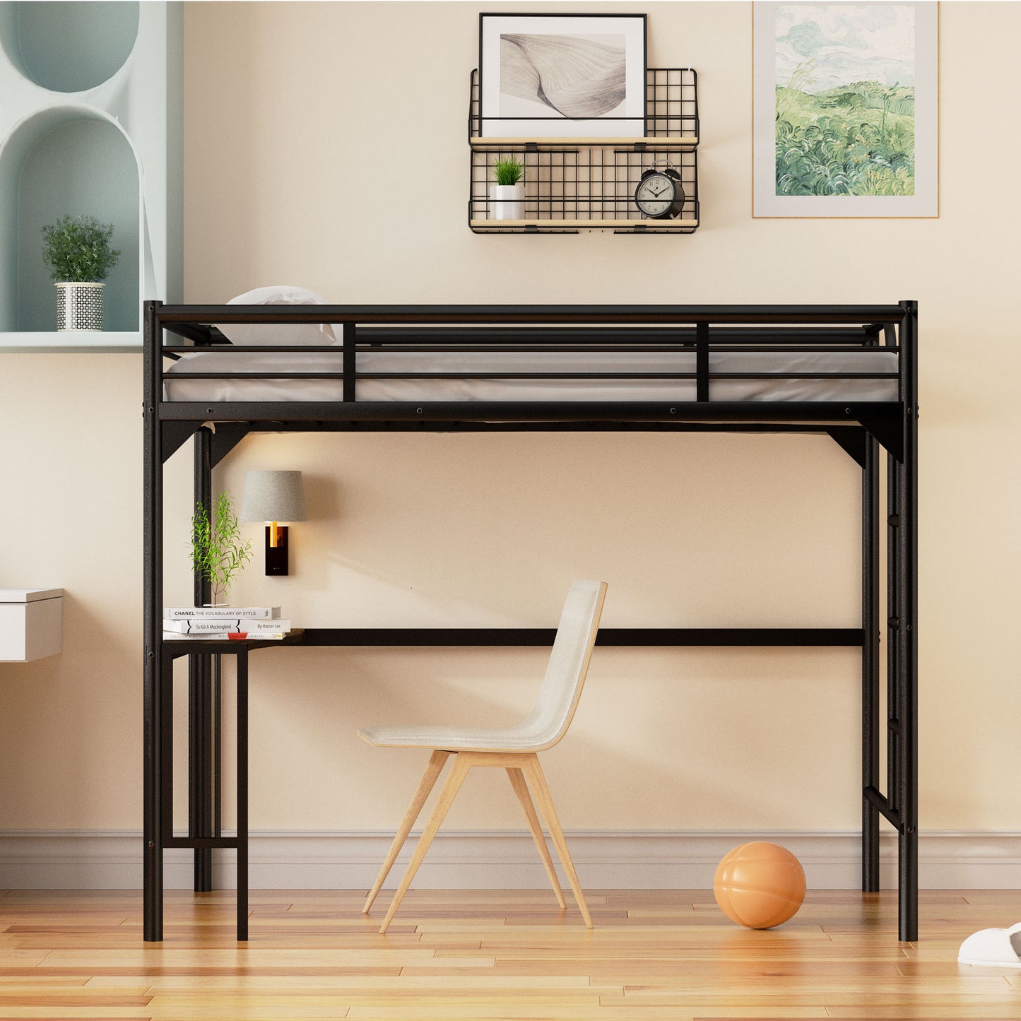 Black metal twin loft bed with integrated desk and shelving