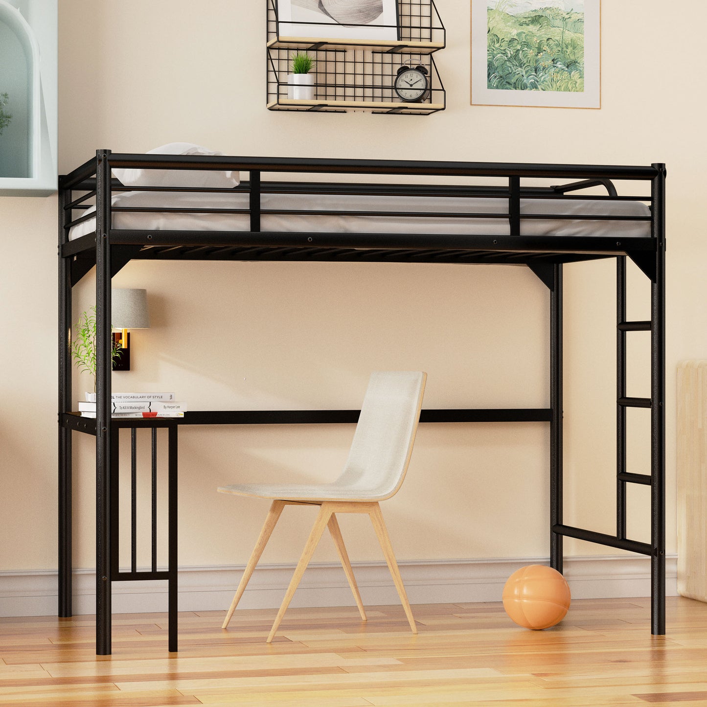 Black metal loft bed with integrated desk and ladder