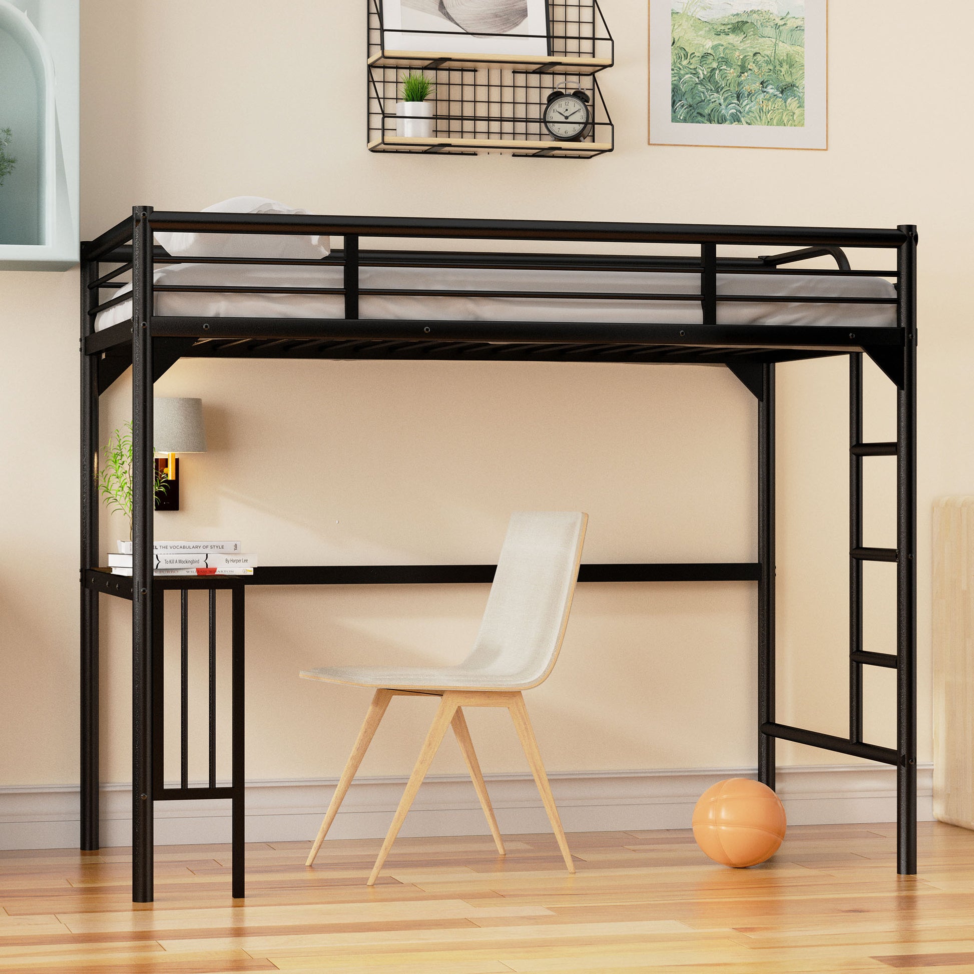 Black metal loft bed with integrated desk and ladder