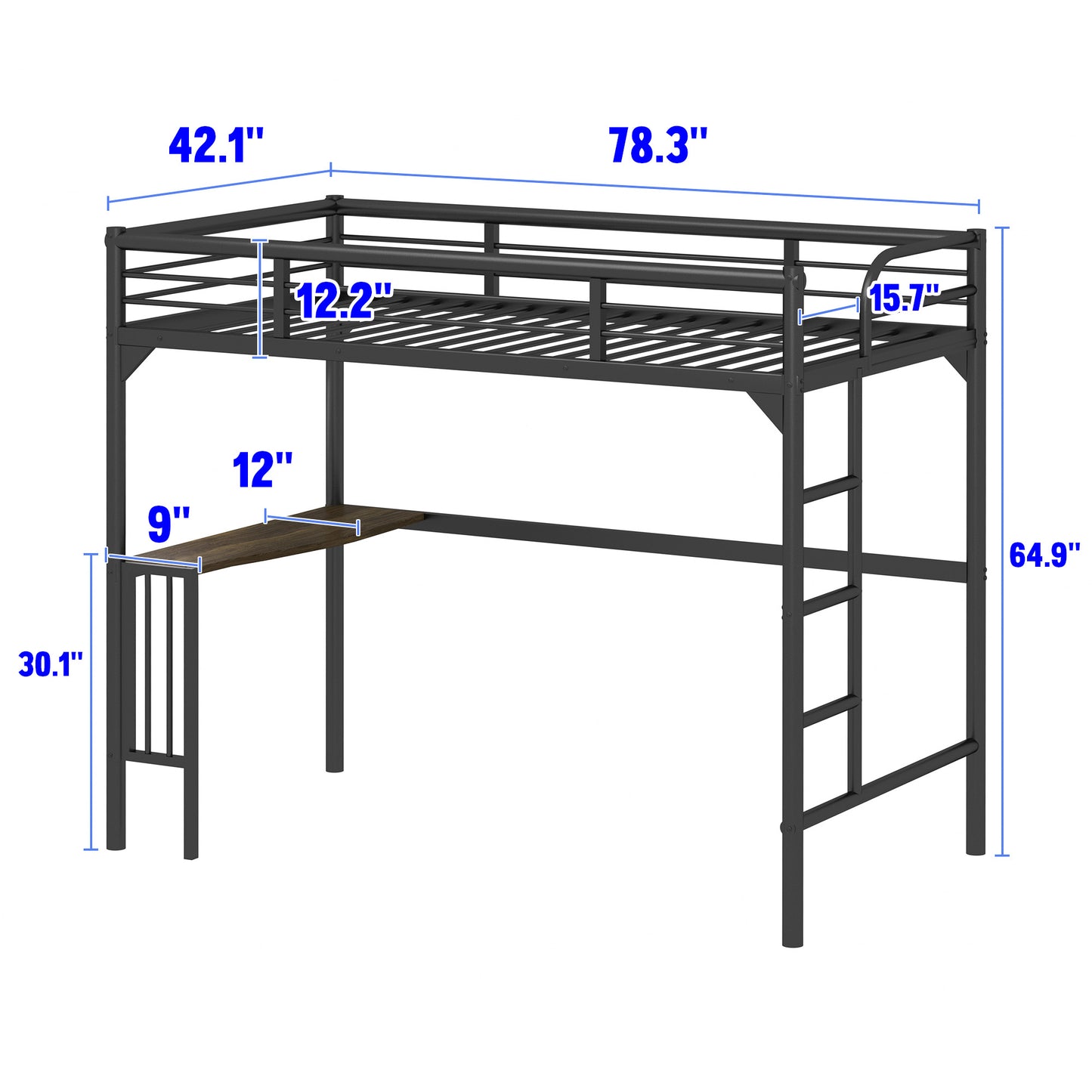 Black metal loft bed with integrated desk and ladder