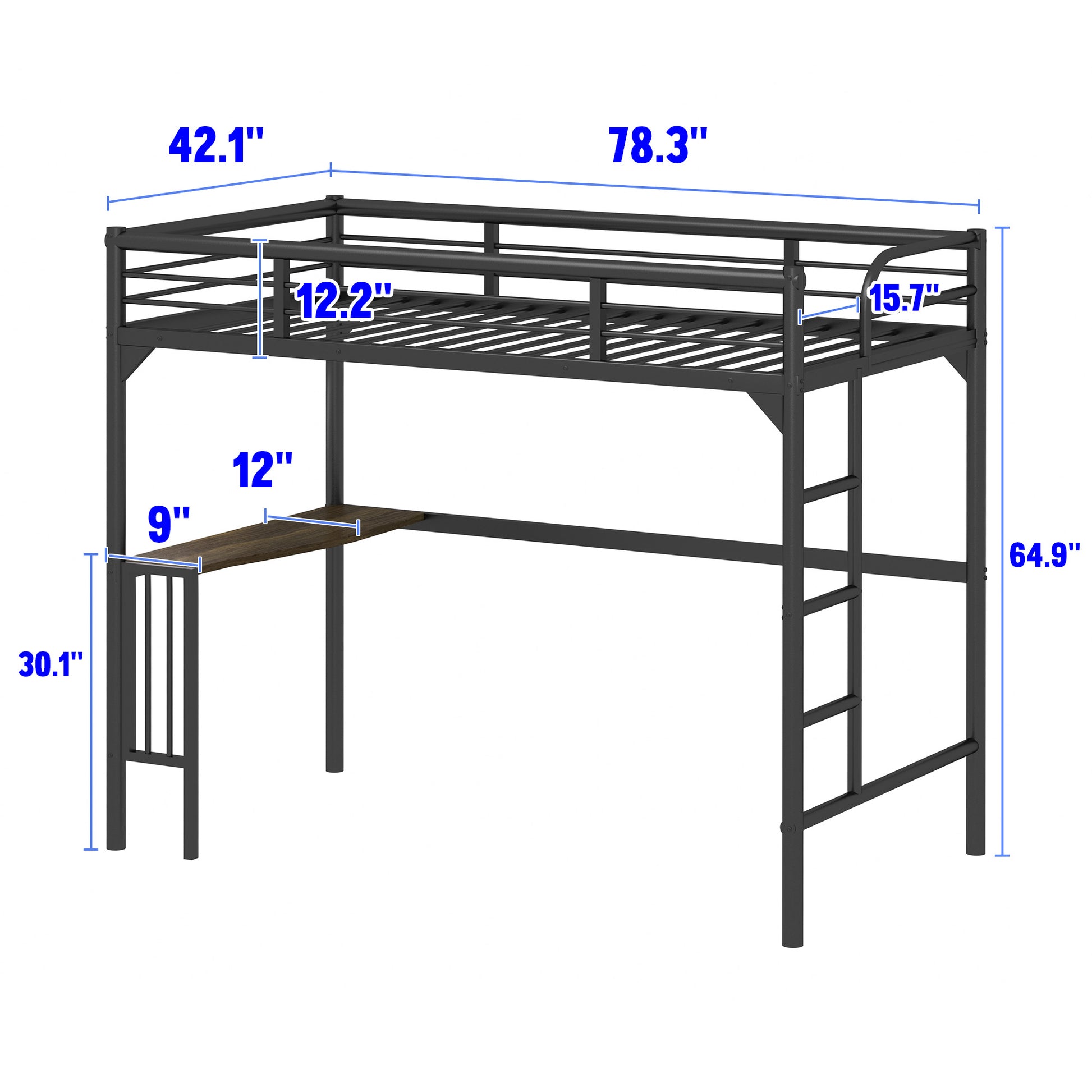 Black metal loft bed with integrated desk and ladder